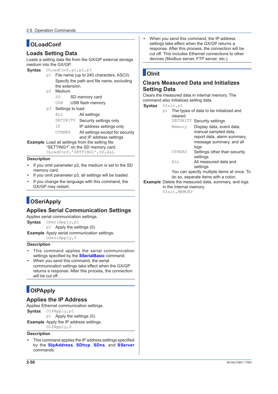 Oipapply, Command, Oloadconf loads setting data | Oseriapply applies serial communication settings, Oipapply applies the ip address | Yokogawa Touch Screen GP20 User Manual | Page 64 / 110
