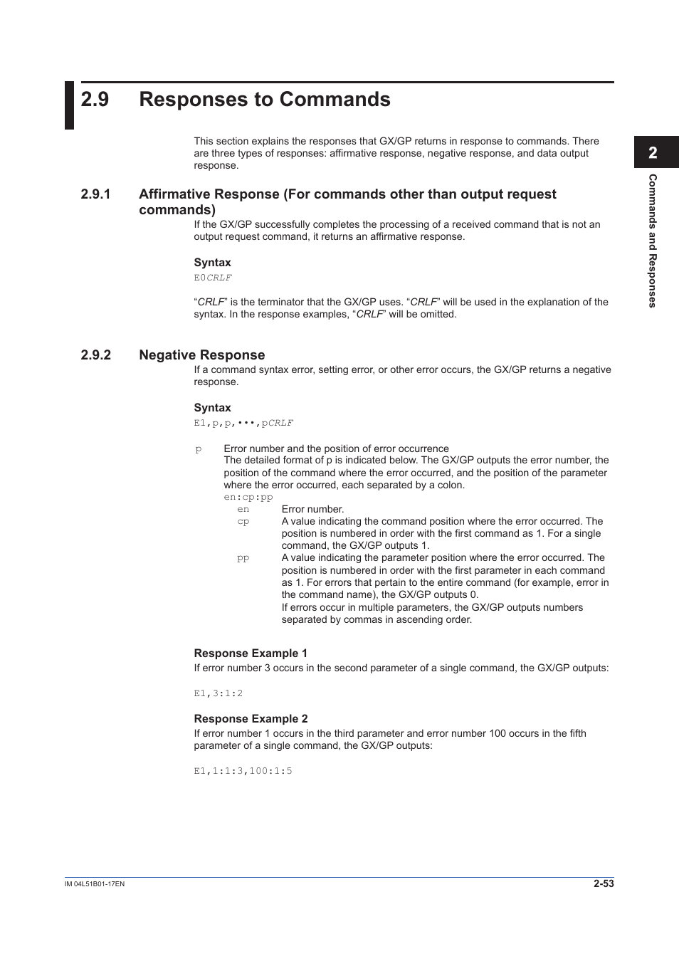 9 responses to commands, 2 negative response, Responses to commands -53 | Negative response -53, 12 app | Yokogawa Touch Screen GP20 User Manual | Page 67 / 110