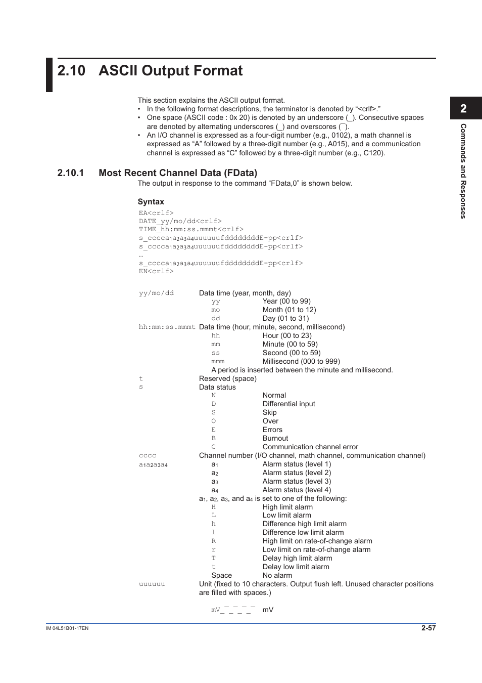 10 ascii output format, 1 most recent channel data (fdata), Ascii output format -57 | 1 most recent channel data (fdata) -57, Ascii output format, see, 12 app | Yokogawa Touch Screen GP20 User Manual | Page 71 / 110