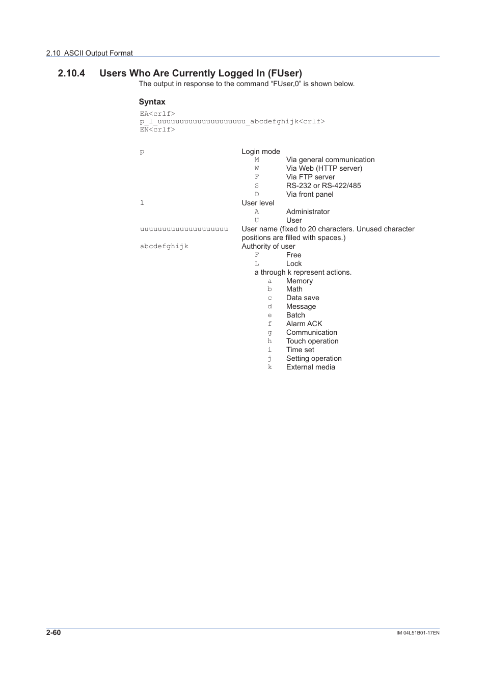 4 users who are currently logged in (fuser), 4 users who are currently logged in (fuser) -60, Ascii output format, see | Yokogawa Touch Screen GP20 User Manual | Page 74 / 110