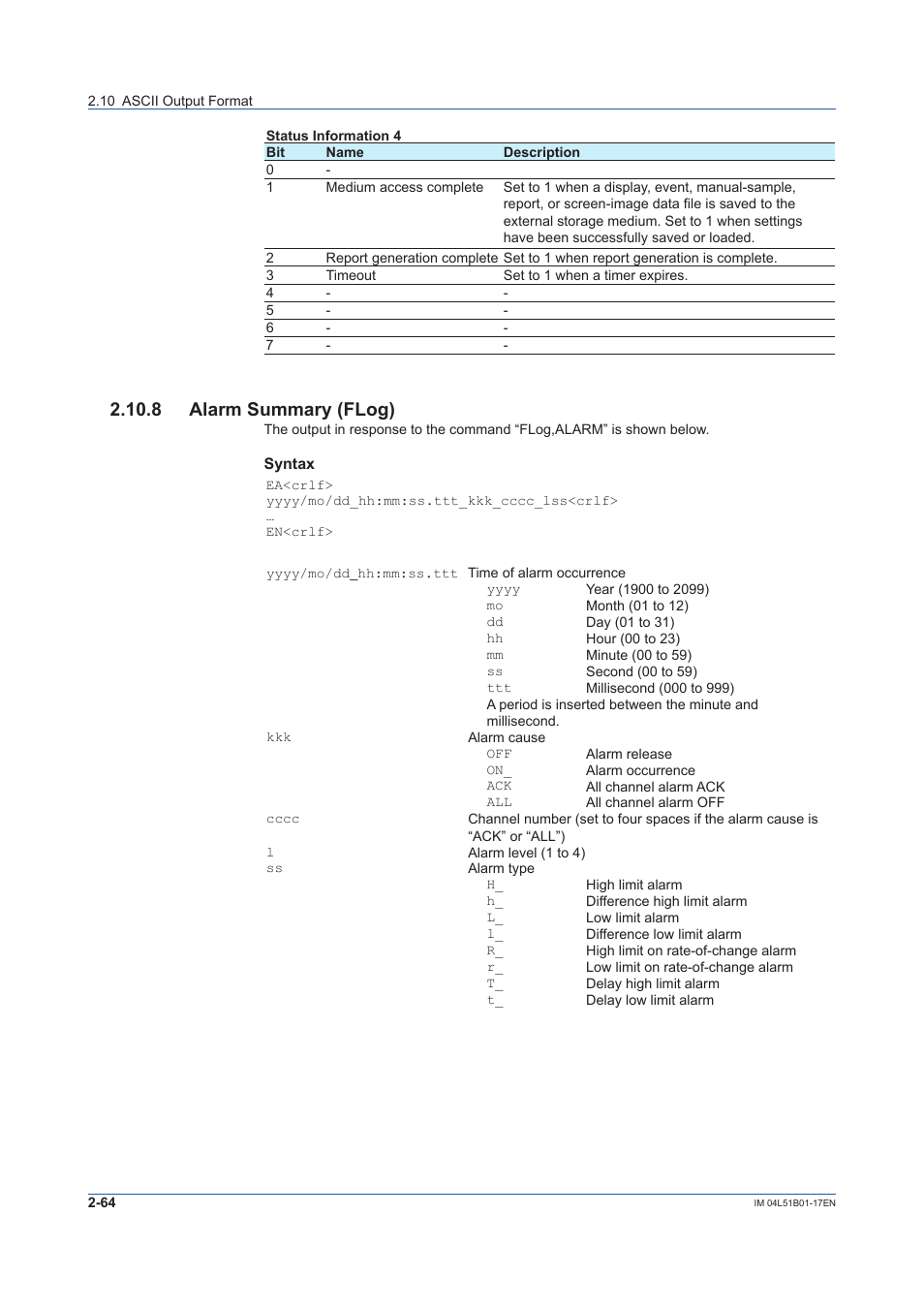 8 alarm summary (flog), 8 alarm summary (flog) -64, Ascii output format, see | Yokogawa Touch Screen GP20 User Manual | Page 78 / 110