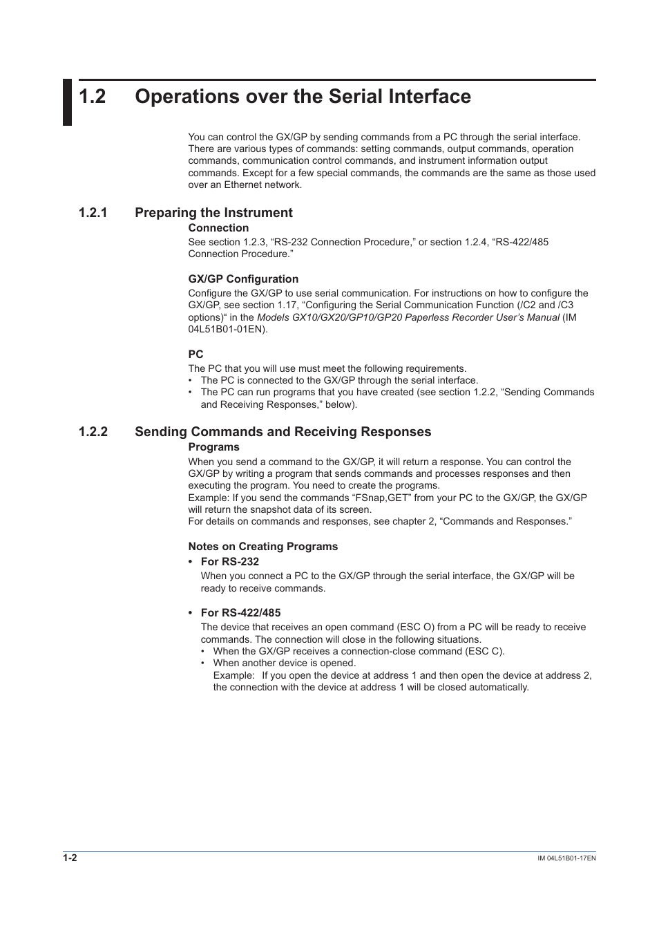 2 operations over the serial interface, 1 preparing the instrument, 2 sending commands and receiving responses | Operations over the serial interface -2, Preparing the instrument -2, Sending commands and receiving responses -2 | Yokogawa Touch Screen GP20 User Manual | Page 8 / 110