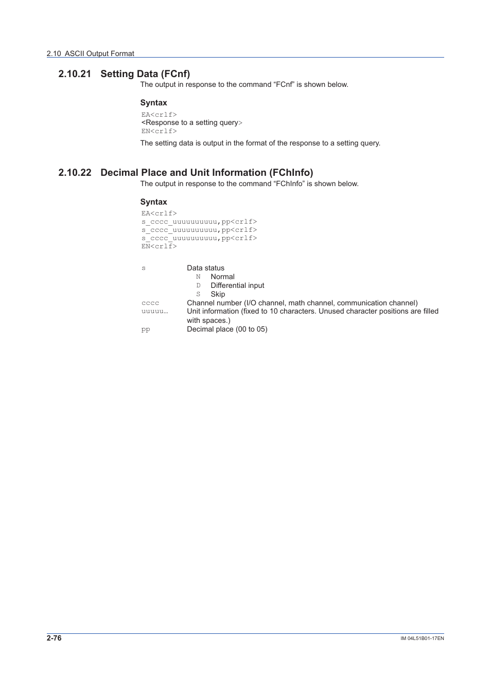 21 setting data (fcnf), 22 decimal place and unit information (fchinfo), 21 setting data (fcnf) -76 | For the output format, see | Yokogawa Touch Screen GP20 User Manual | Page 90 / 110