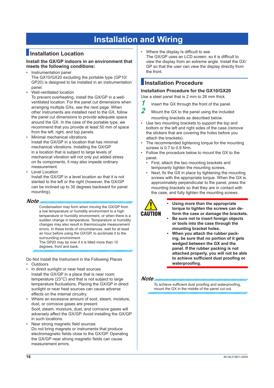 Installation and wiring, Installation location, Installation procedure | Yokogawa Touch Screen GP20 User Manual | Page 18 / 44