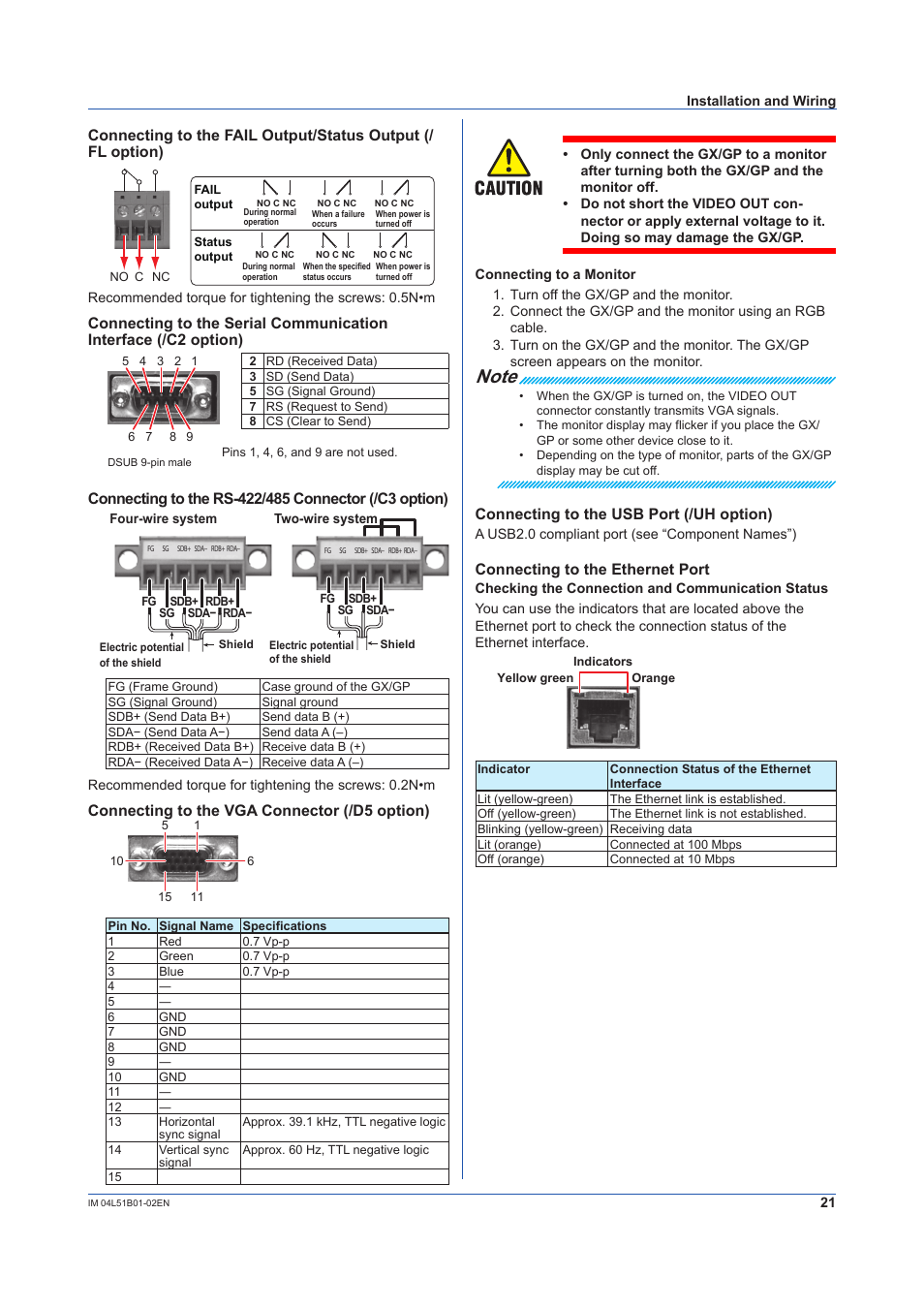 Connecting to the vga connector (/d5 option), Connecting to the usb port (/uh option), Connecting to the ethernet port | Yokogawa Touch Screen GP20 User Manual | Page 23 / 44