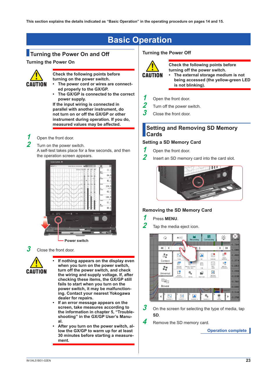 Basic operation, Turning the power on and off, Setting and removing sd memory cards | Yokogawa Touch Screen GP20 User Manual | Page 25 / 44