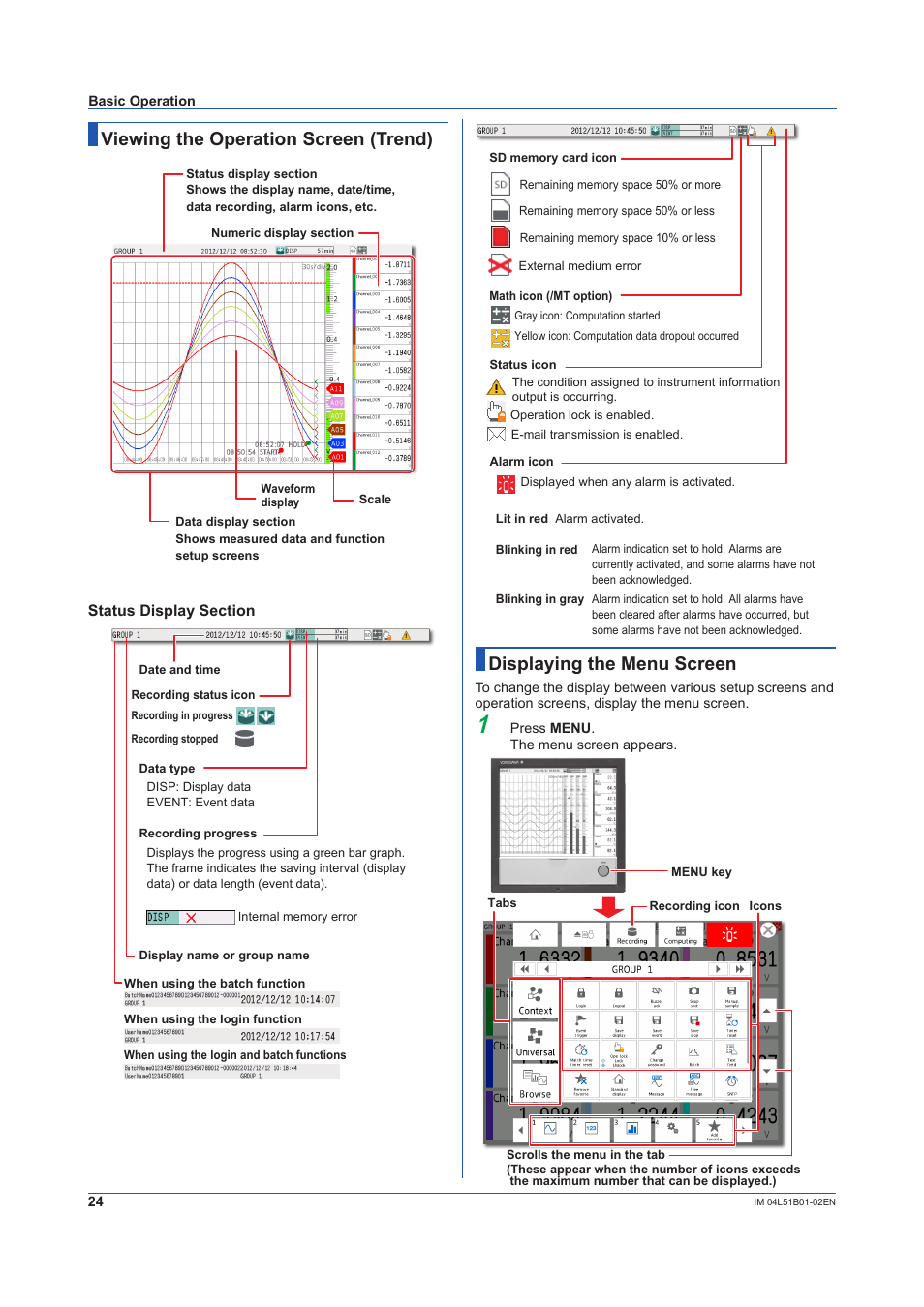 Viewing the operation screen (trend), Displaying the menu screen | Yokogawa Touch Screen GP20 User Manual | Page 26 / 44