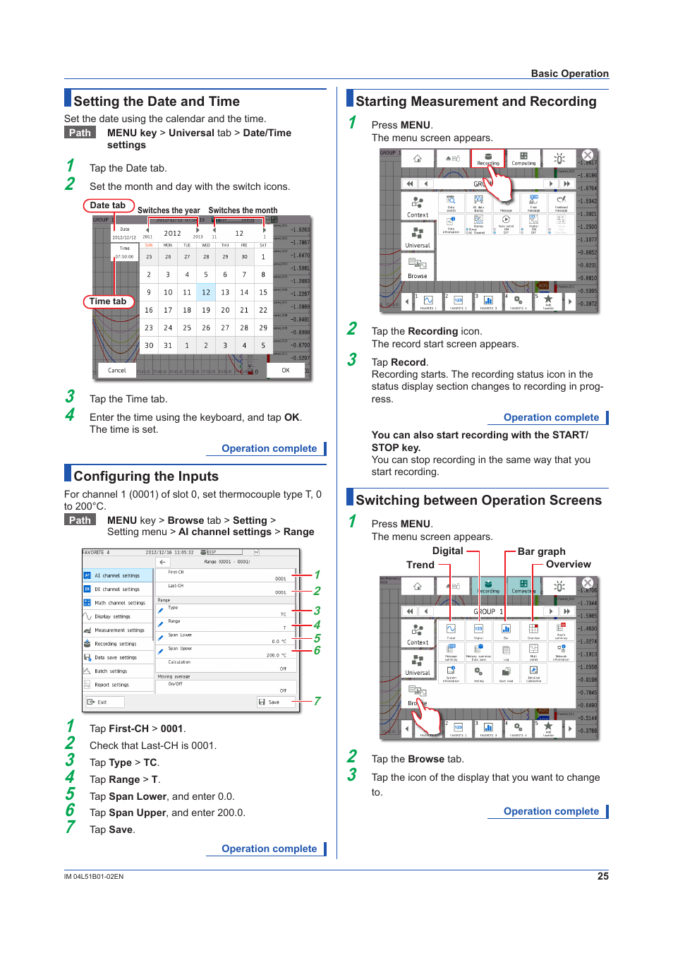 Setting the date and time, Configuring the inputs, Starting measurement and recording | Switching between operation screens | Yokogawa Touch Screen GP20 User Manual | Page 27 / 44