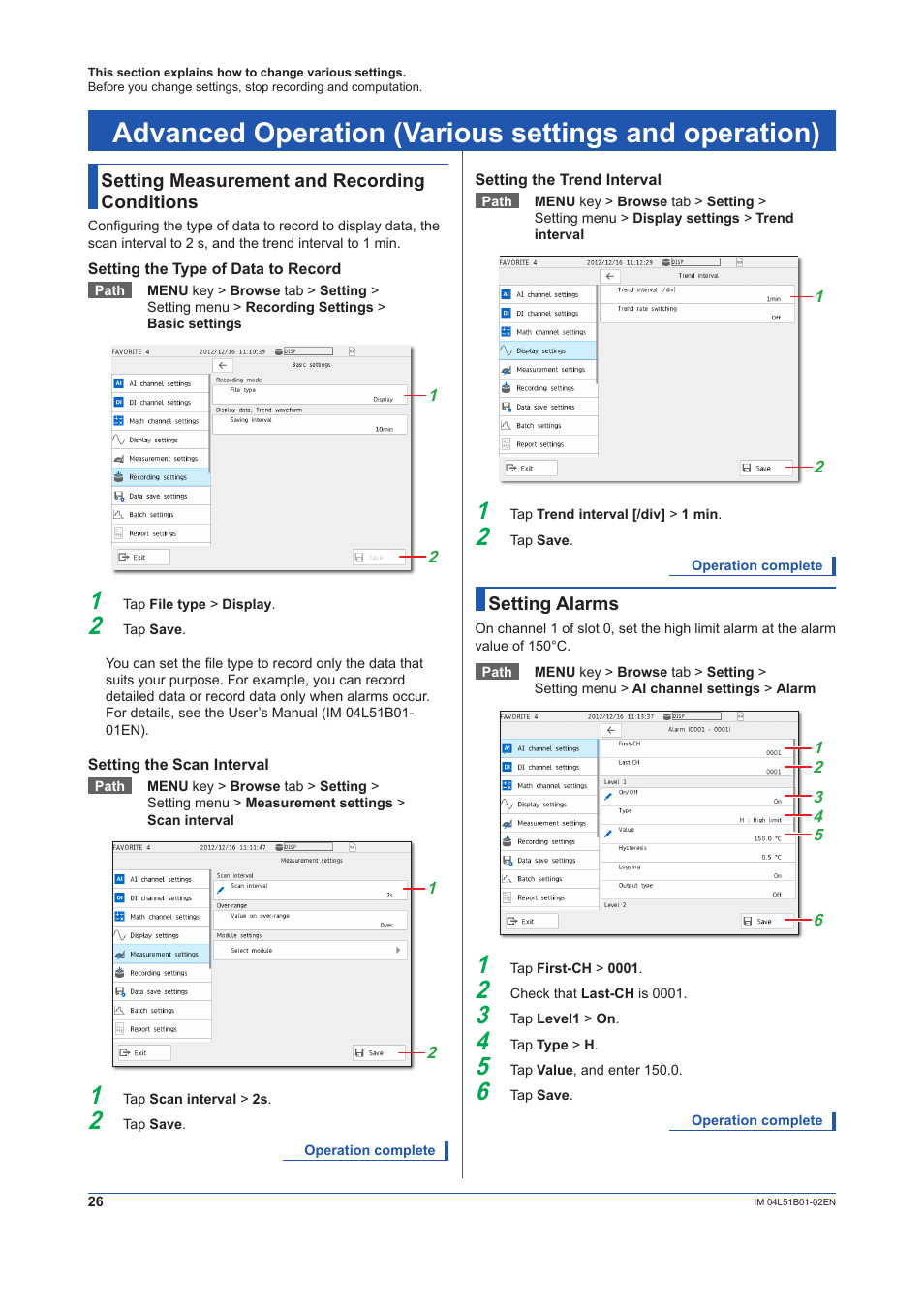 Setting measurement and recording conditions, Setting alarms | Yokogawa Touch Screen GP20 User Manual | Page 28 / 44