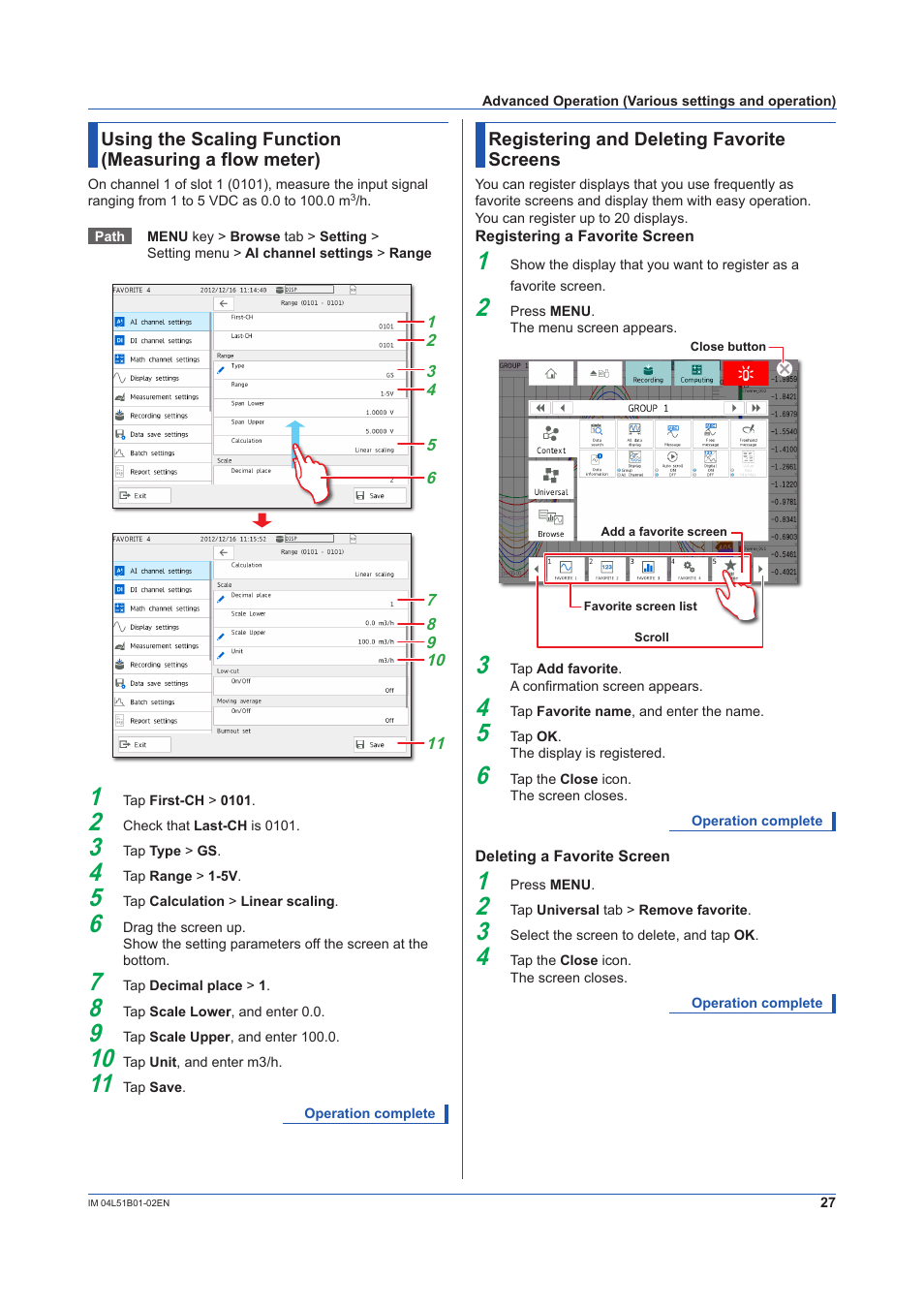 Registering and deleting favorite screens | Yokogawa Touch Screen GP20 User Manual | Page 29 / 44