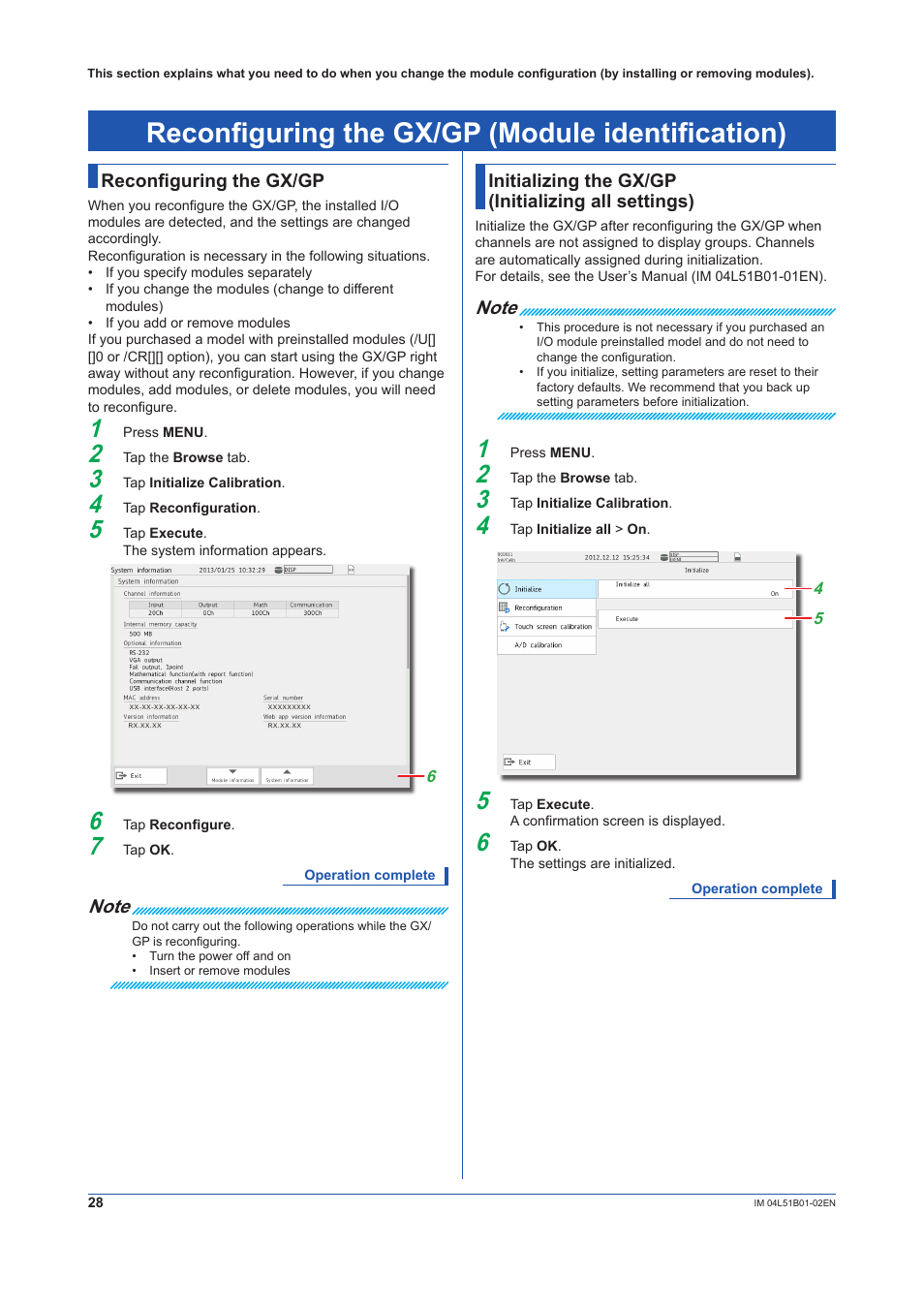 Reconfiguring the gx/gp (module identification), Reconfiguring the gx/gp, Initializing the gx/gp (initializing all settings) | Initializing the gx/gp, Initializing all settings) | Yokogawa Touch Screen GP20 User Manual | Page 30 / 44