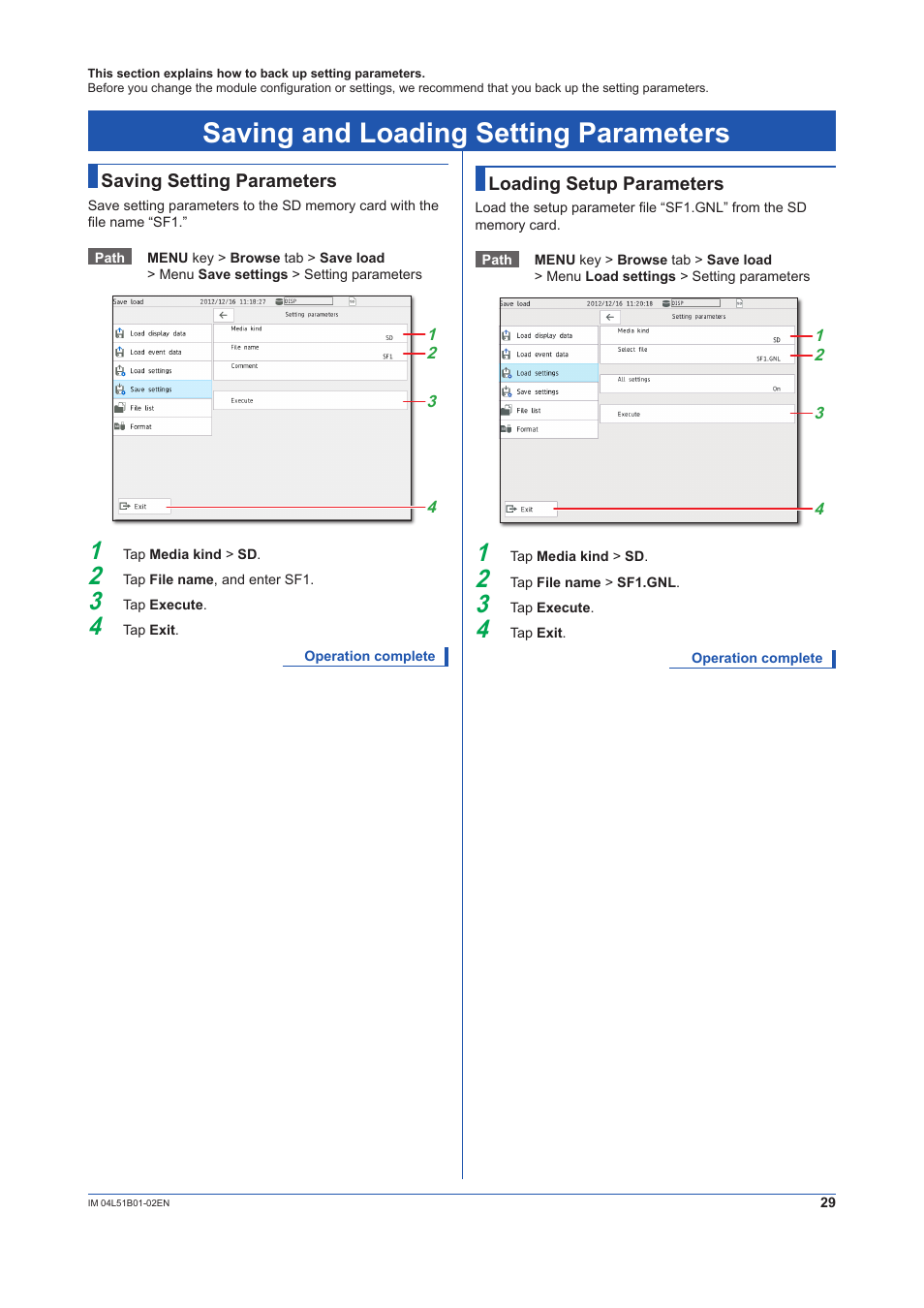 Saving and loading setting parameters, Saving setting parameters, Loading setup parameters | Yokogawa Touch Screen GP20 User Manual | Page 31 / 44