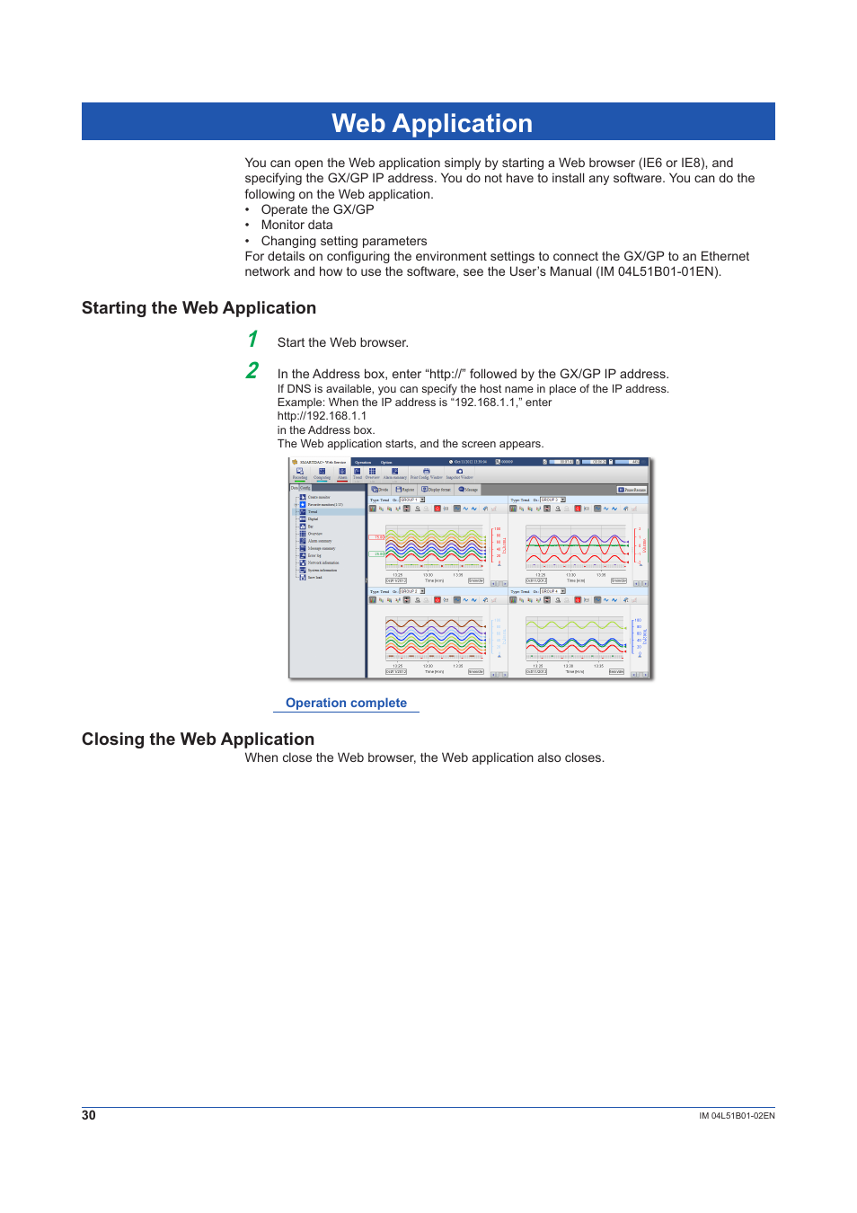 Web application, Starting the web application, Closing the web application | Yokogawa Touch Screen GP20 User Manual | Page 32 / 44