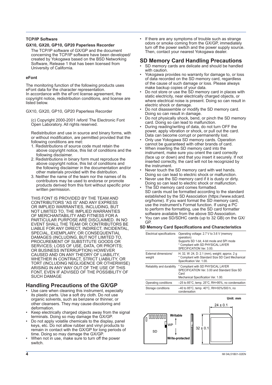 Handling precautions of the gx/gp, Sd memory card handling precautions | Yokogawa Touch Screen GP20 User Manual | Page 6 / 44