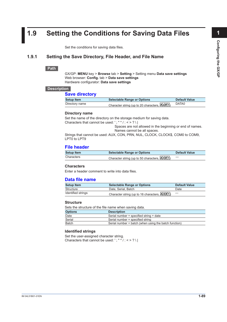 9 setting the conditions for saving data files, Setting the conditions for saving data files -89, Save directory | File header, Data file name | Yokogawa Touch Screen GP20 User Manual | Page 103 / 446