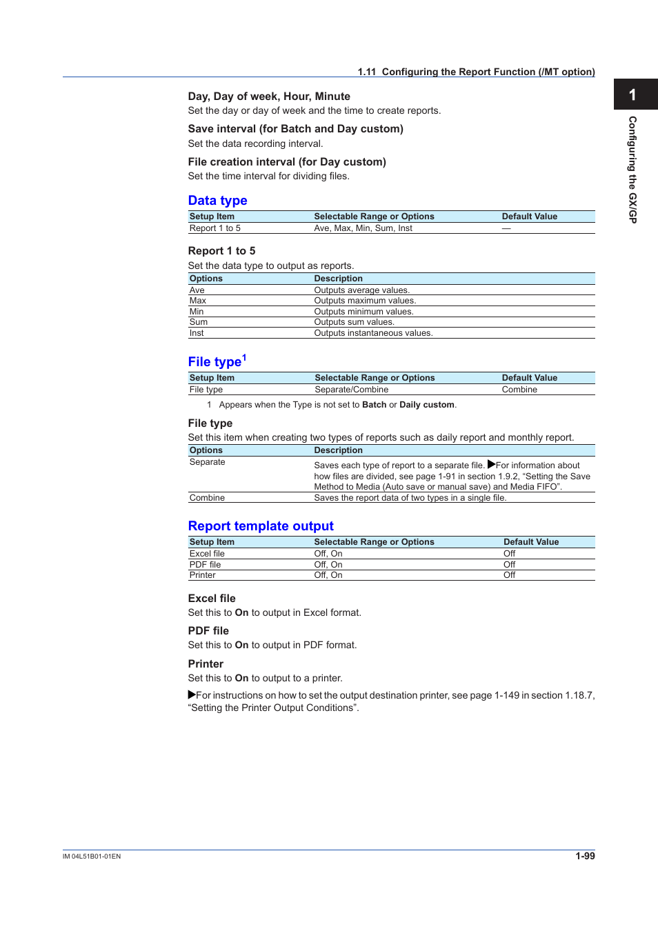 Data type, File type, Report template output | Yokogawa Touch Screen GP20 User Manual | Page 113 / 446