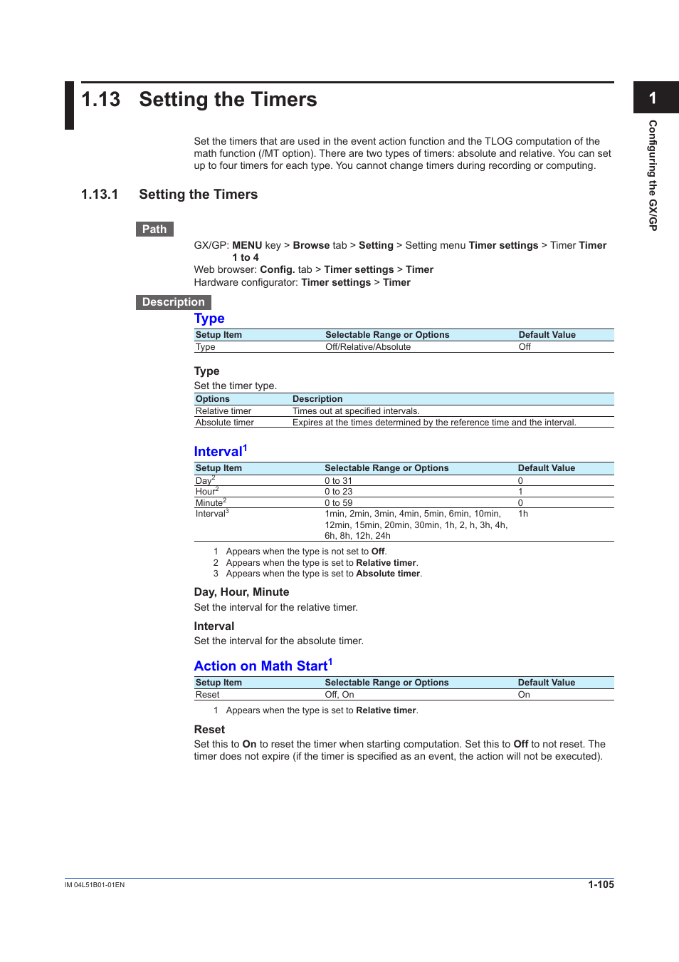 13 setting the timers, 1 setting the timers, Setting the timers -105 | 1 setting the timers -105, Type, Interval, Action on math start | Yokogawa Touch Screen GP20 User Manual | Page 119 / 446