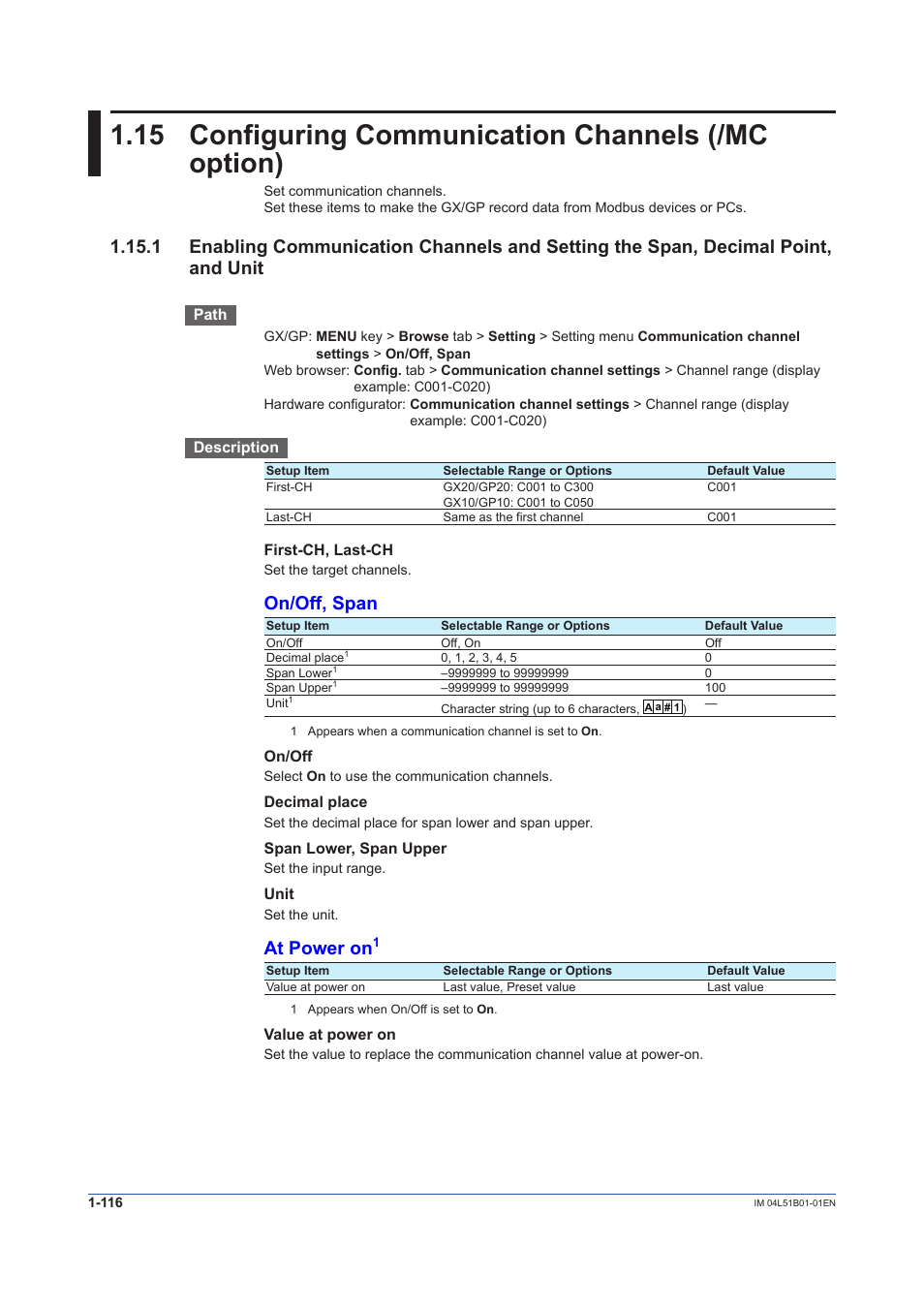 15 configuring communication channels (/mc option), On/off, span, At power on | Yokogawa Touch Screen GP20 User Manual | Page 130 / 446