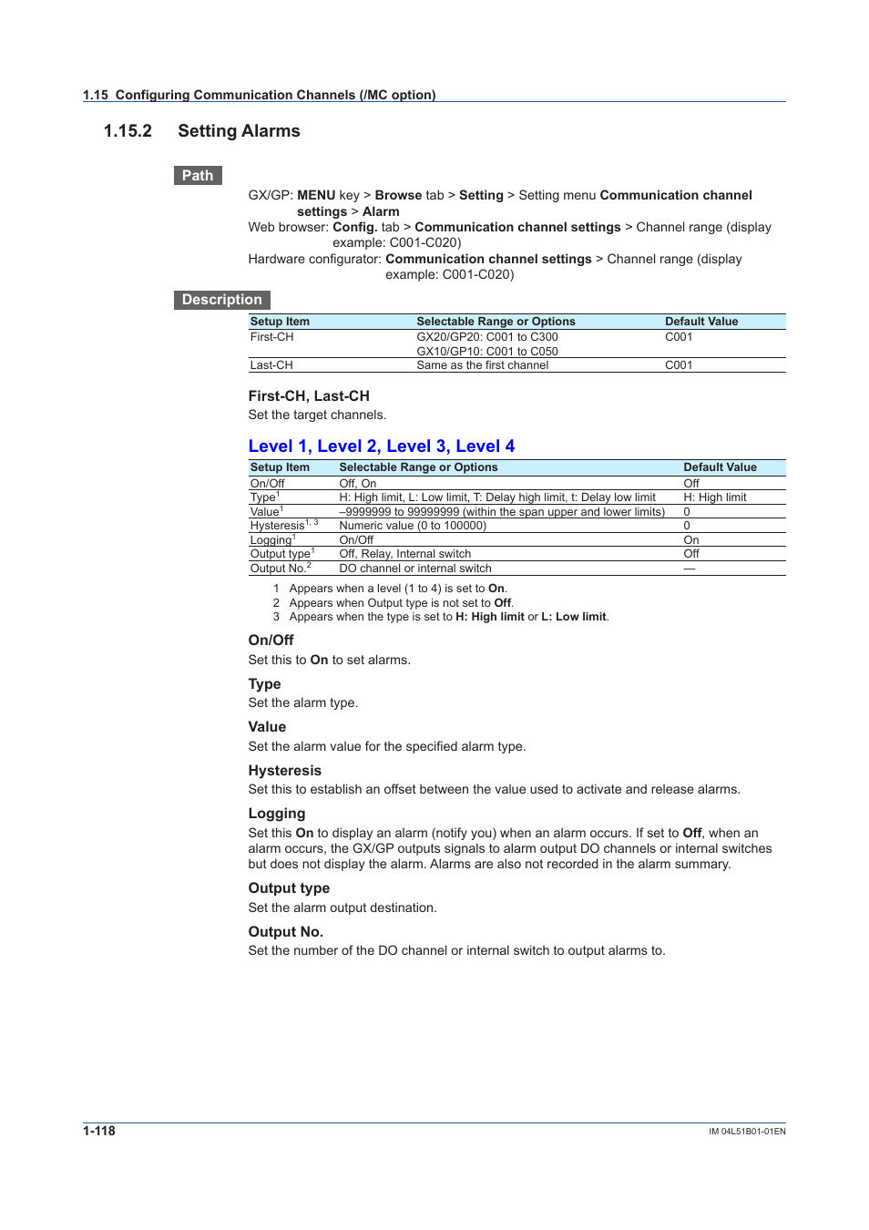 2 setting alarms, 2 setting alarms -118, Level 1, level 2, level 3, level 4 | Yokogawa Touch Screen GP20 User Manual | Page 132 / 446