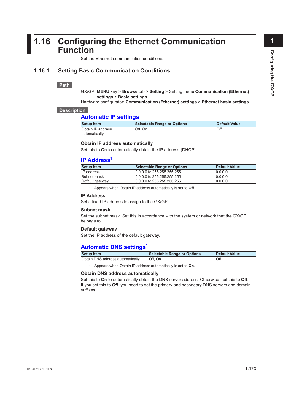 16 configuring the ethernet communication function, 1 setting basic communication conditions, 1 setting basic communication conditions -123 | Automatic ip settings, Ip address, Automatic dns settings | Yokogawa Touch Screen GP20 User Manual | Page 137 / 446