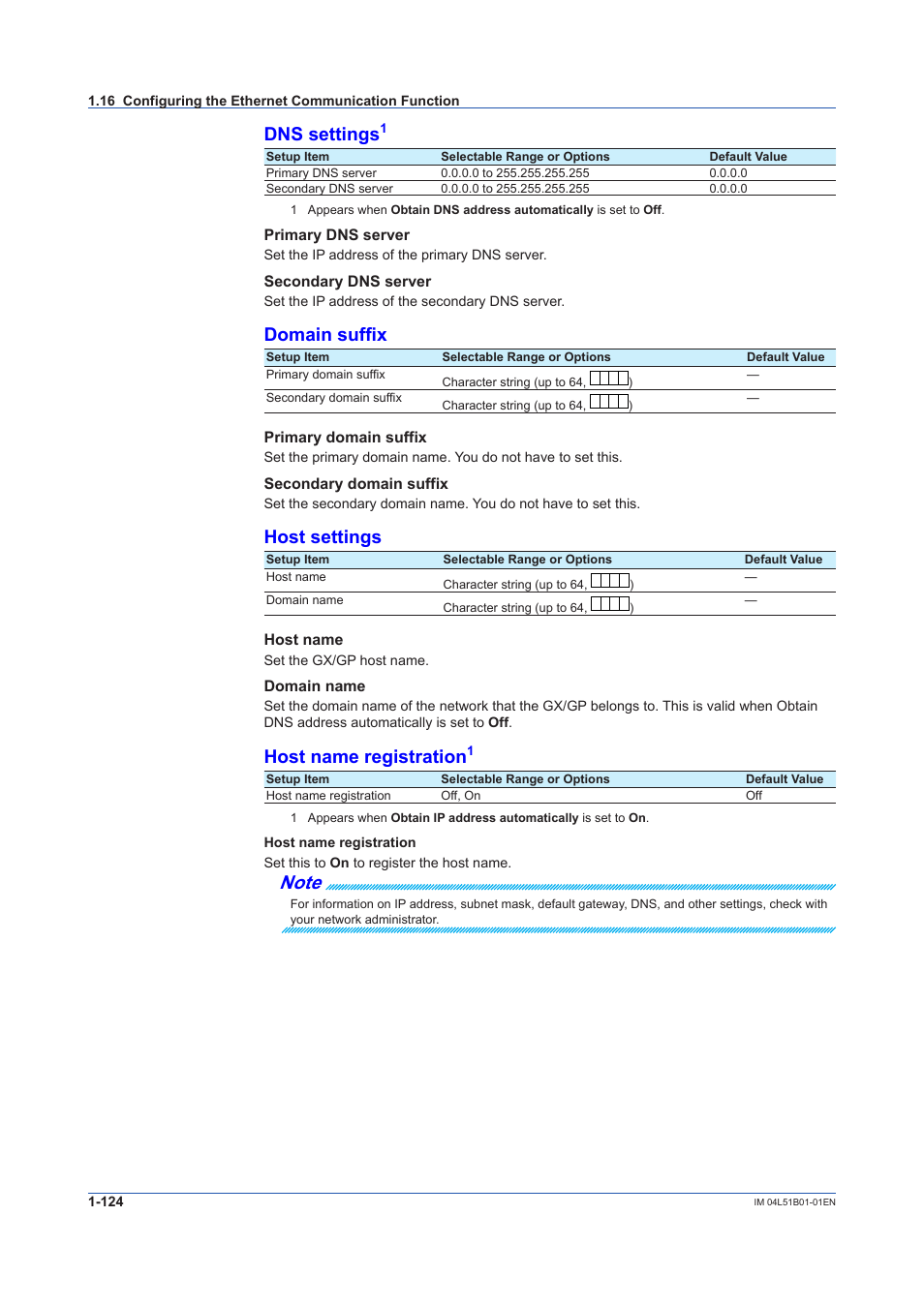 Dns settings, Domain suffix, Host settings | Host name registration | Yokogawa Touch Screen GP20 User Manual | Page 138 / 446