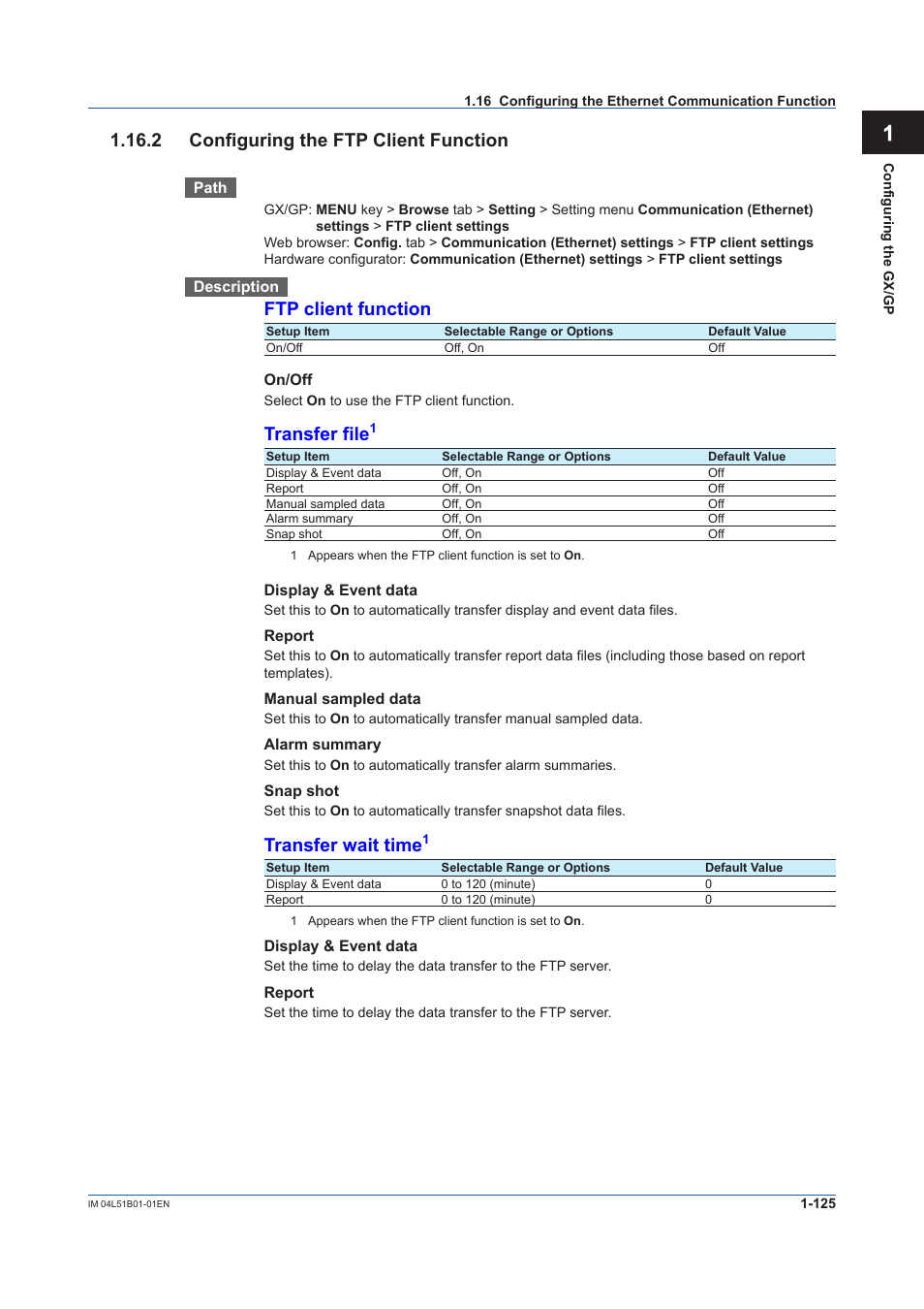 2 configuring the ftp client function, 2 configuring the ftp client function -125, App 1.16.2 configuring the ftp client function | Ftp client function, Transfer file, Transfer wait time | Yokogawa Touch Screen GP20 User Manual | Page 139 / 446