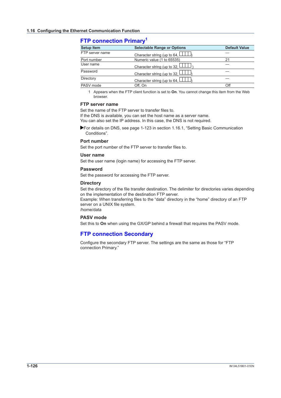 Ftp connection primary, Ftp connection secondary | Yokogawa Touch Screen GP20 User Manual | Page 140 / 446