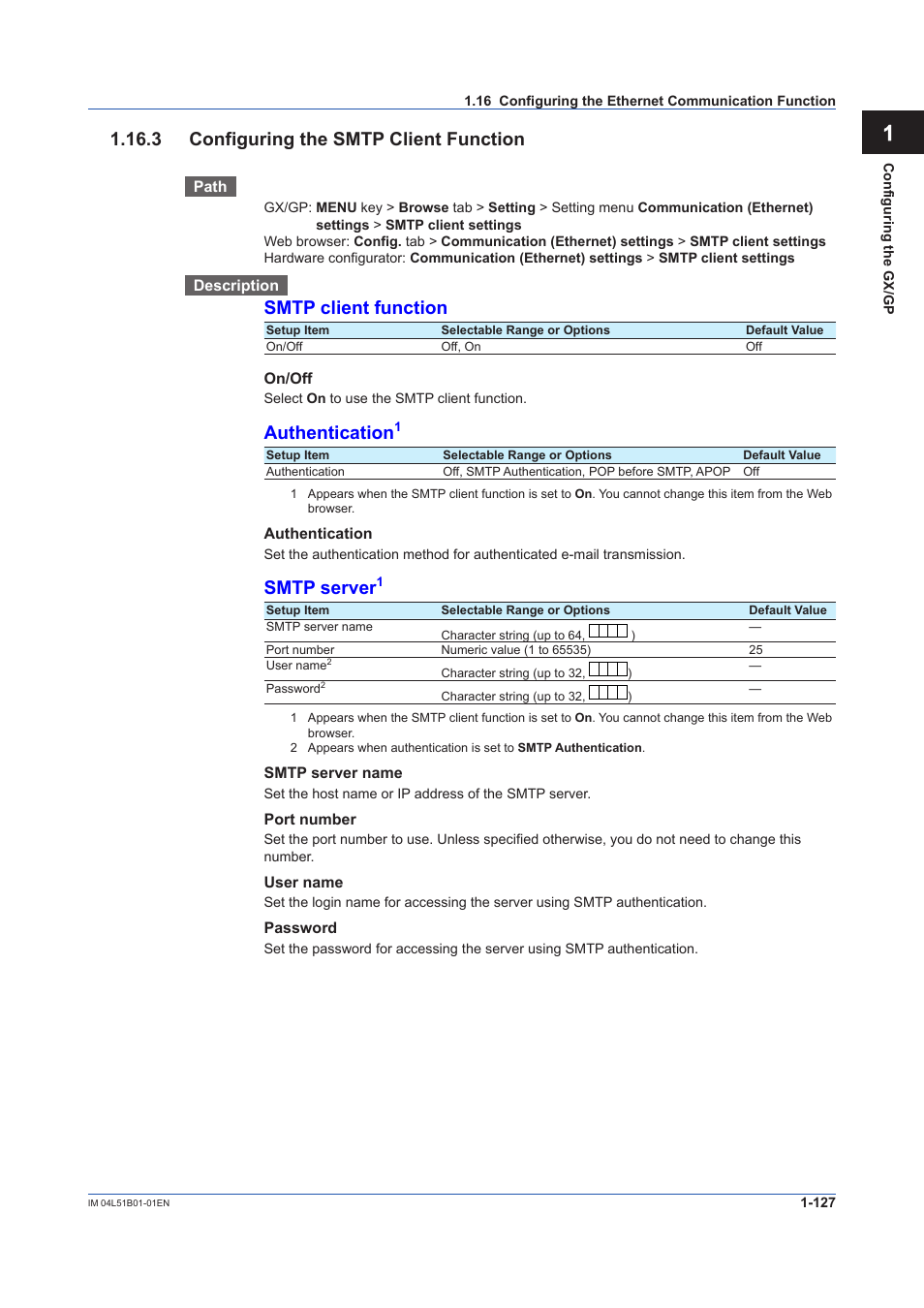 3 configuring the smtp client function, 3 configuring the smtp client function -127, App 1.16.3 configuring the smtp client function | Smtp client function, Authentication, Smtp server | Yokogawa Touch Screen GP20 User Manual | Page 141 / 446