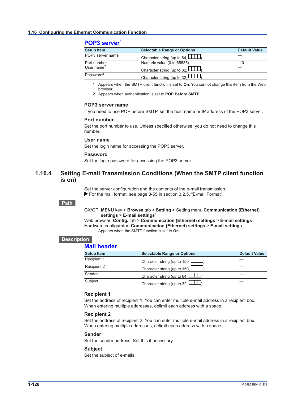 Pop3 server, Mail header | Yokogawa Touch Screen GP20 User Manual | Page 142 / 446