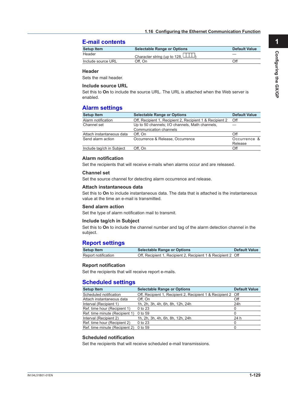 App e-mail contents, Alarm settings, Report settings | Scheduled settings | Yokogawa Touch Screen GP20 User Manual | Page 143 / 446