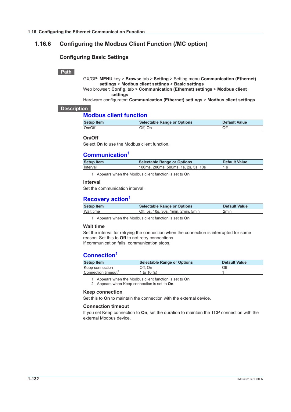 Modbus client function, Communication, Recovery action | Connection, Configuring basic settings | Yokogawa Touch Screen GP20 User Manual | Page 146 / 446