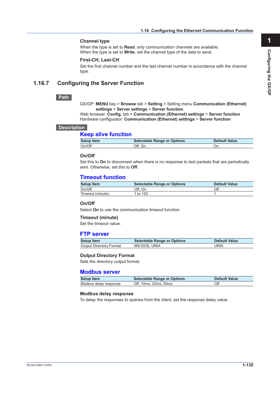 7 configuring the server function, 7 configuring the server function -135, Keep alive function | Timeout function, Ftp server, Modbus server | Yokogawa Touch Screen GP20 User Manual | Page 149 / 446