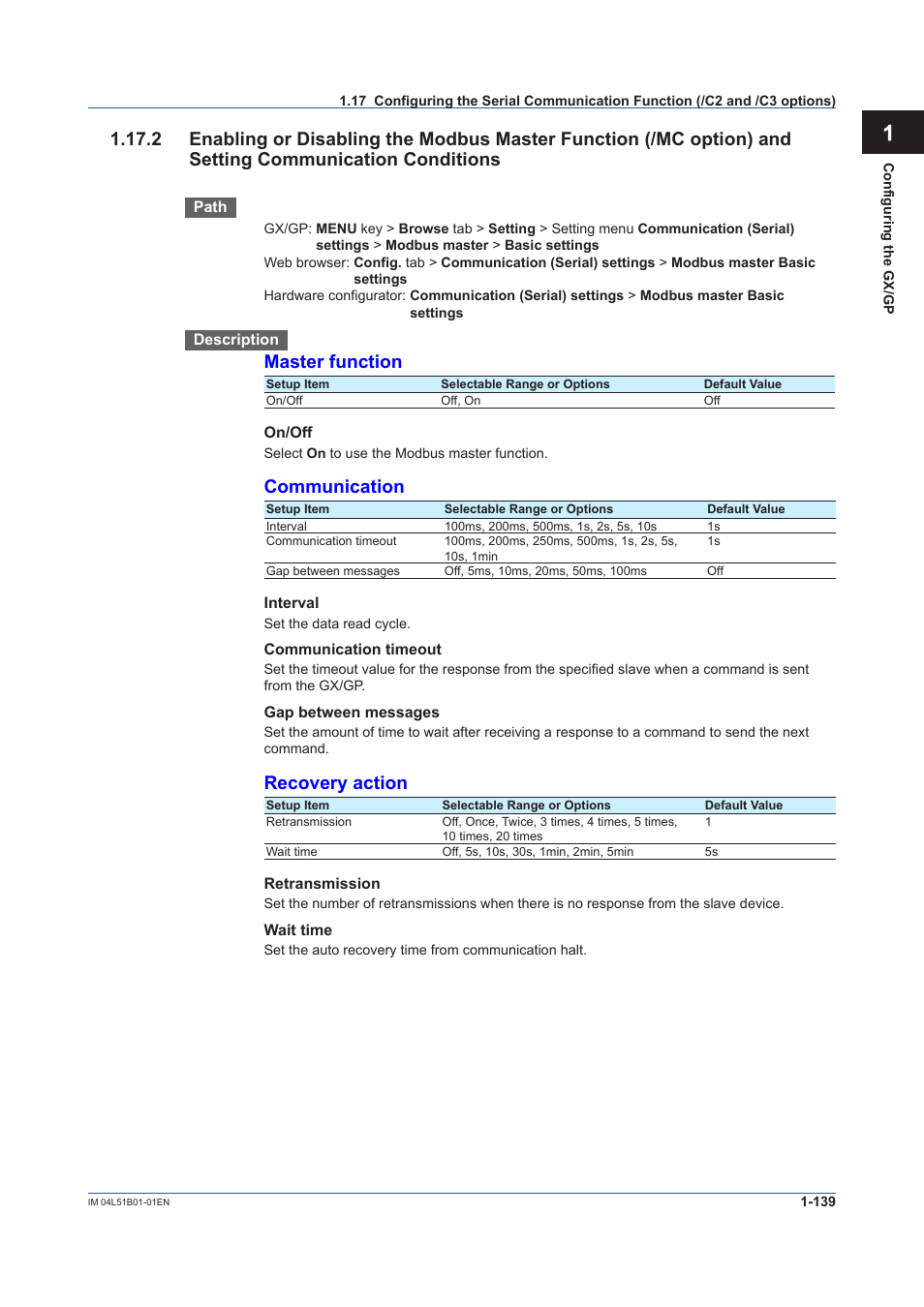 Conditions -139, Master function, Communication | Recovery action | Yokogawa Touch Screen GP20 User Manual | Page 153 / 446