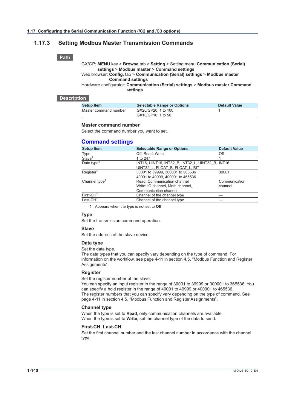 3 setting modbus master transmission commands, 3 setting modbus master transmission commands -140, Command settings | Yokogawa Touch Screen GP20 User Manual | Page 154 / 446