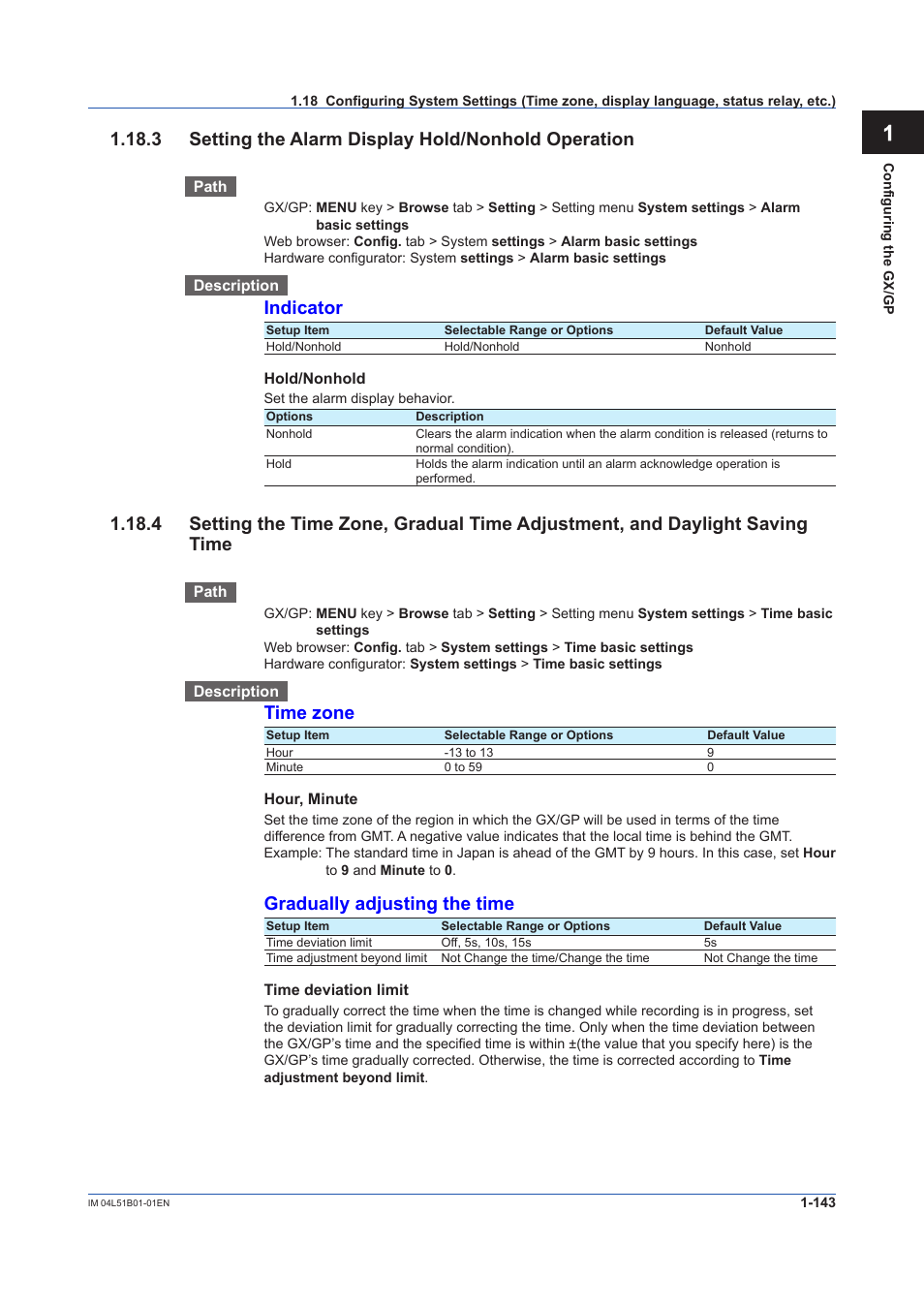 3 setting the alarm display hold/nonhold operation, Indicator, Time zone | Gradually adjusting the time | Yokogawa Touch Screen GP20 User Manual | Page 157 / 446