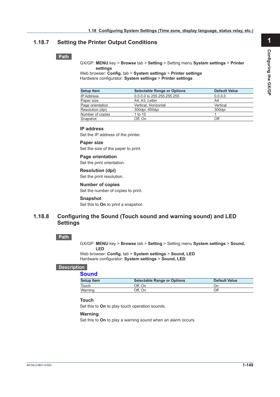 7 setting the printer output conditions, 7 setting the printer output conditions -149, Setting the printer output conditions | Output conditions, App 1.18.7 setting the printer output conditions, Sound | Yokogawa Touch Screen GP20 User Manual | Page 163 / 446