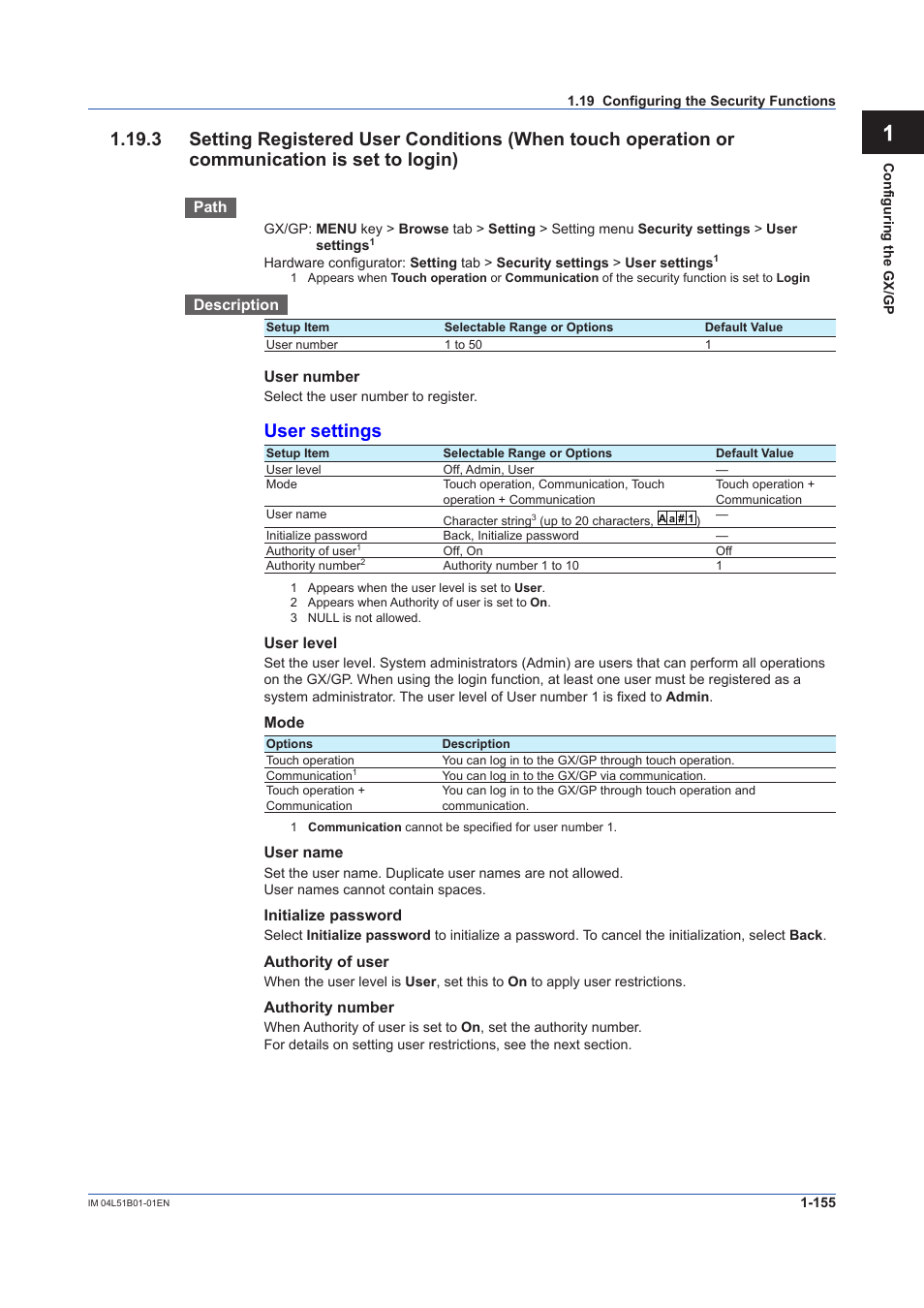 User settings | Yokogawa Touch Screen GP20 User Manual | Page 169 / 446