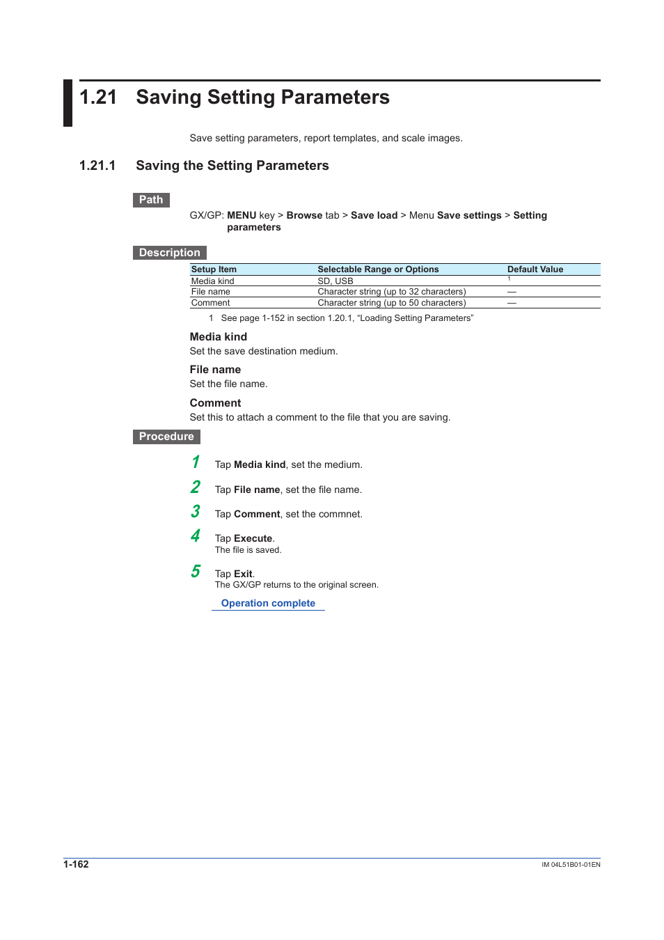 21 saving setting parameters, 1 saving the setting parameters, Saving setting parameters -162 | 1 saving the setting parameters -162 | Yokogawa Touch Screen GP20 User Manual | Page 176 / 446