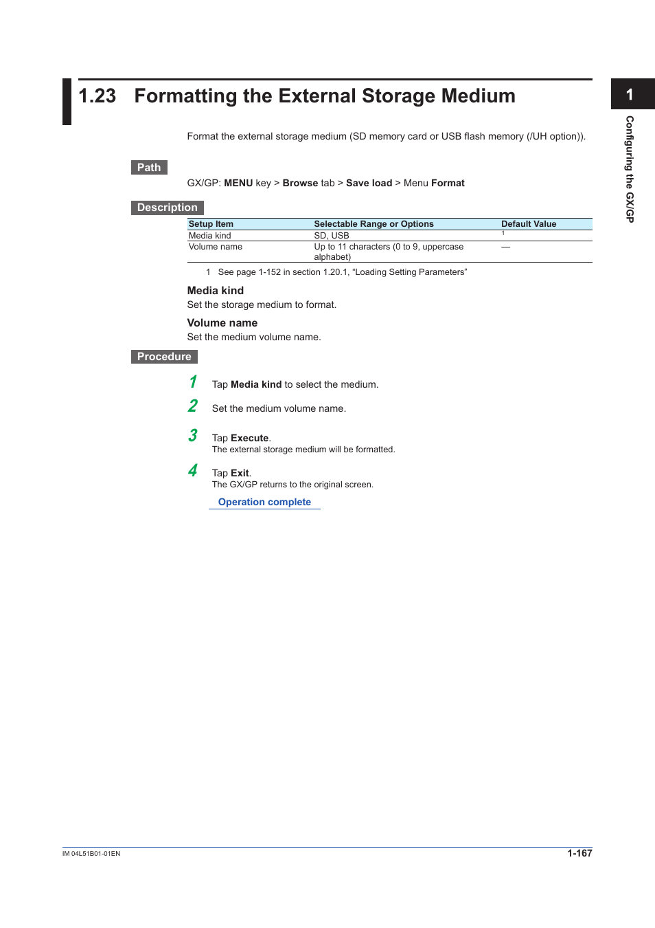 23 formatting the external storage medium, Formatting the external storage medium -167 | Yokogawa Touch Screen GP20 User Manual | Page 181 / 446