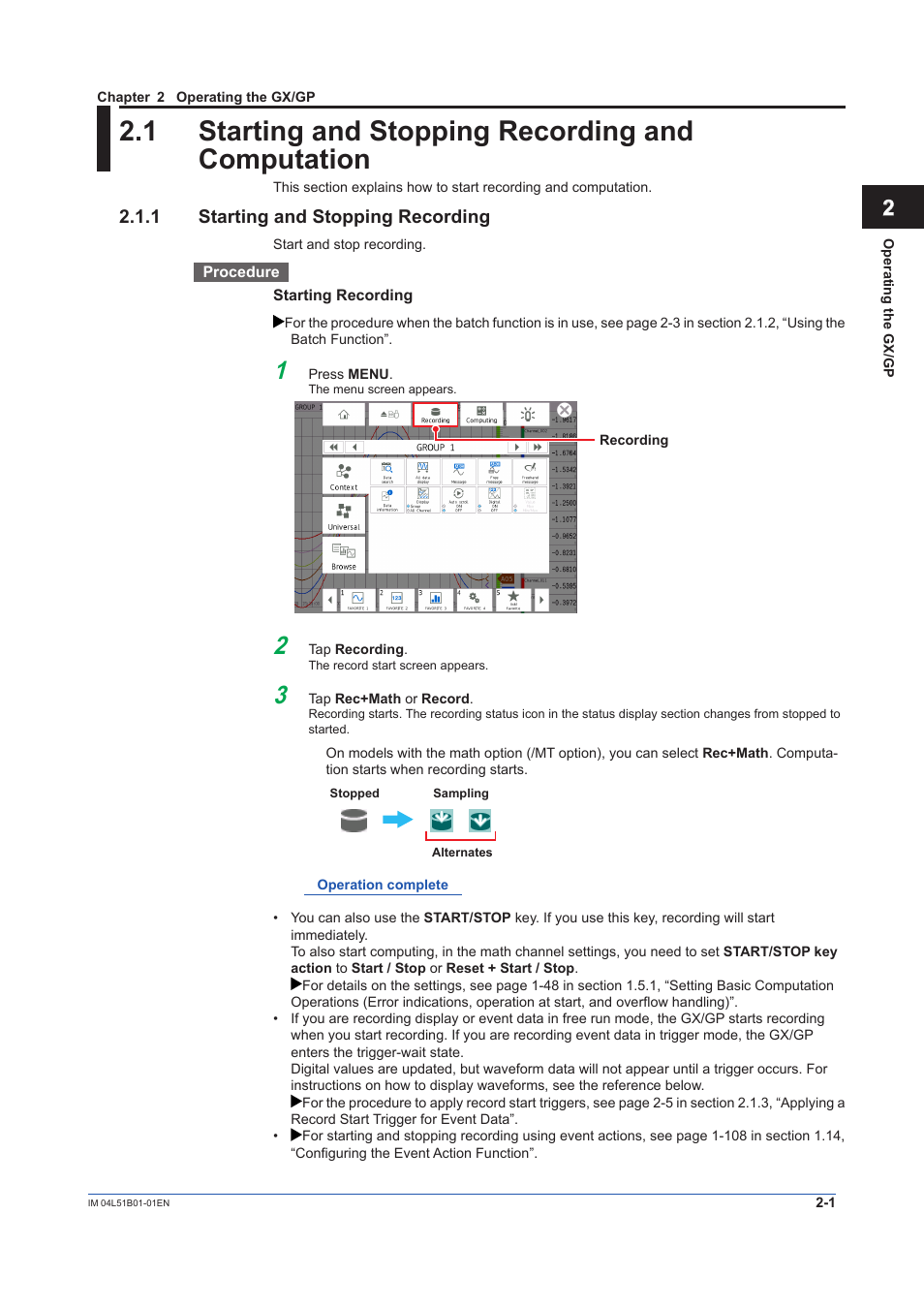 Chapter 2 operating the gx/gp, 1 starting and stopping recording and computation, 1 starting and stopping recording | Starting and stopping recording and computation -1, Starting and stopping recording -1 | Yokogawa Touch Screen GP20 User Manual | Page 185 / 446