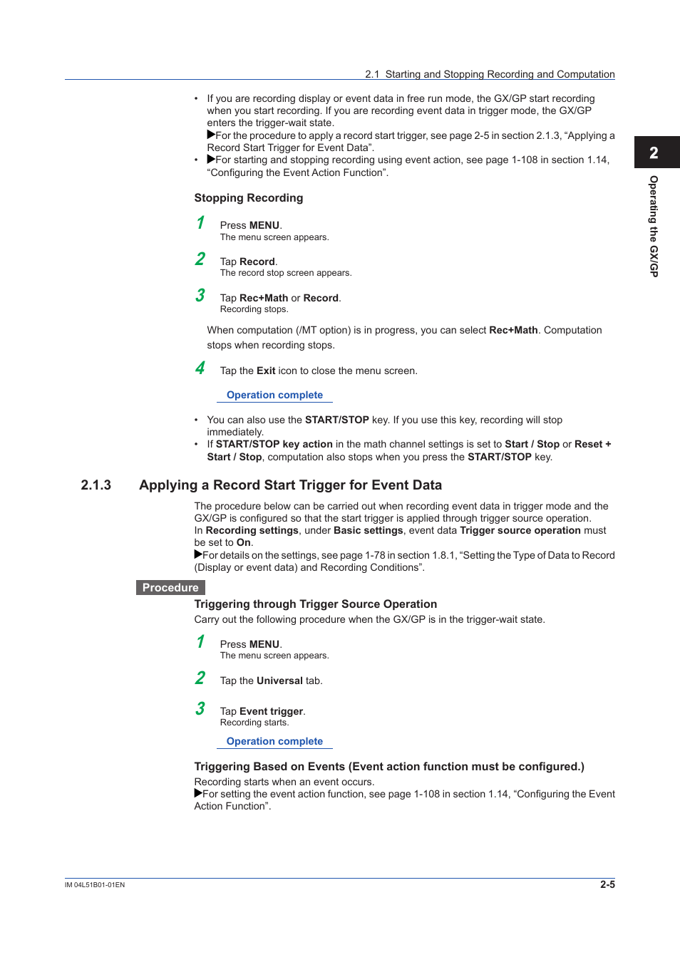 3 applying a record start trigger for event data, Applying a record start trigger for event data -5, Record start trigger for event data | Yokogawa Touch Screen GP20 User Manual | Page 189 / 446