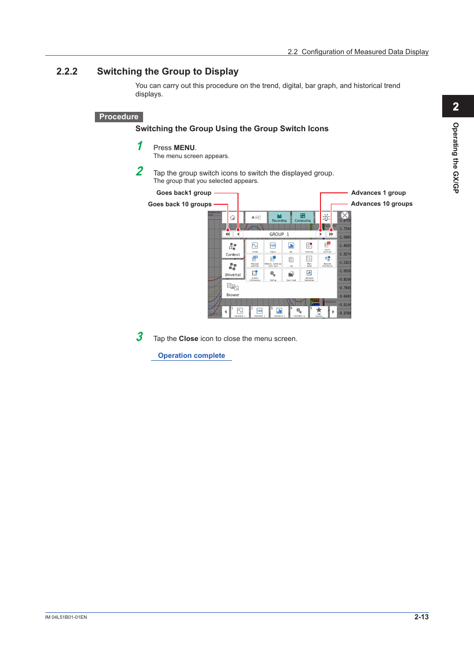 2 switching the group to display, Switching the group to display -13 | Yokogawa Touch Screen GP20 User Manual | Page 197 / 446