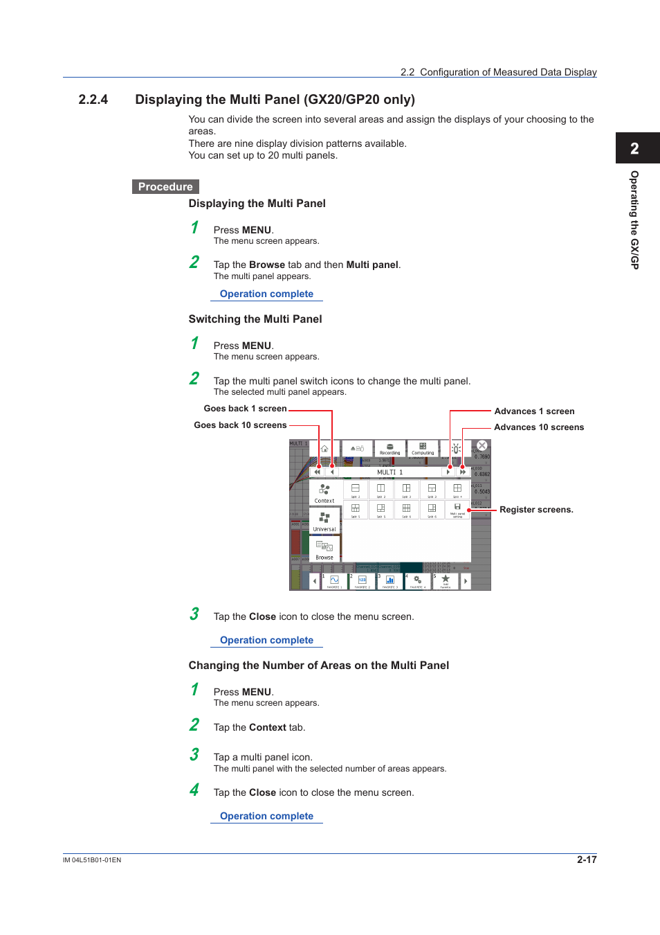 4 displaying the multi panel (gx20/gp20 only), Displaying the multi panel (gx20/gp20 only) -17 | Yokogawa Touch Screen GP20 User Manual | Page 201 / 446