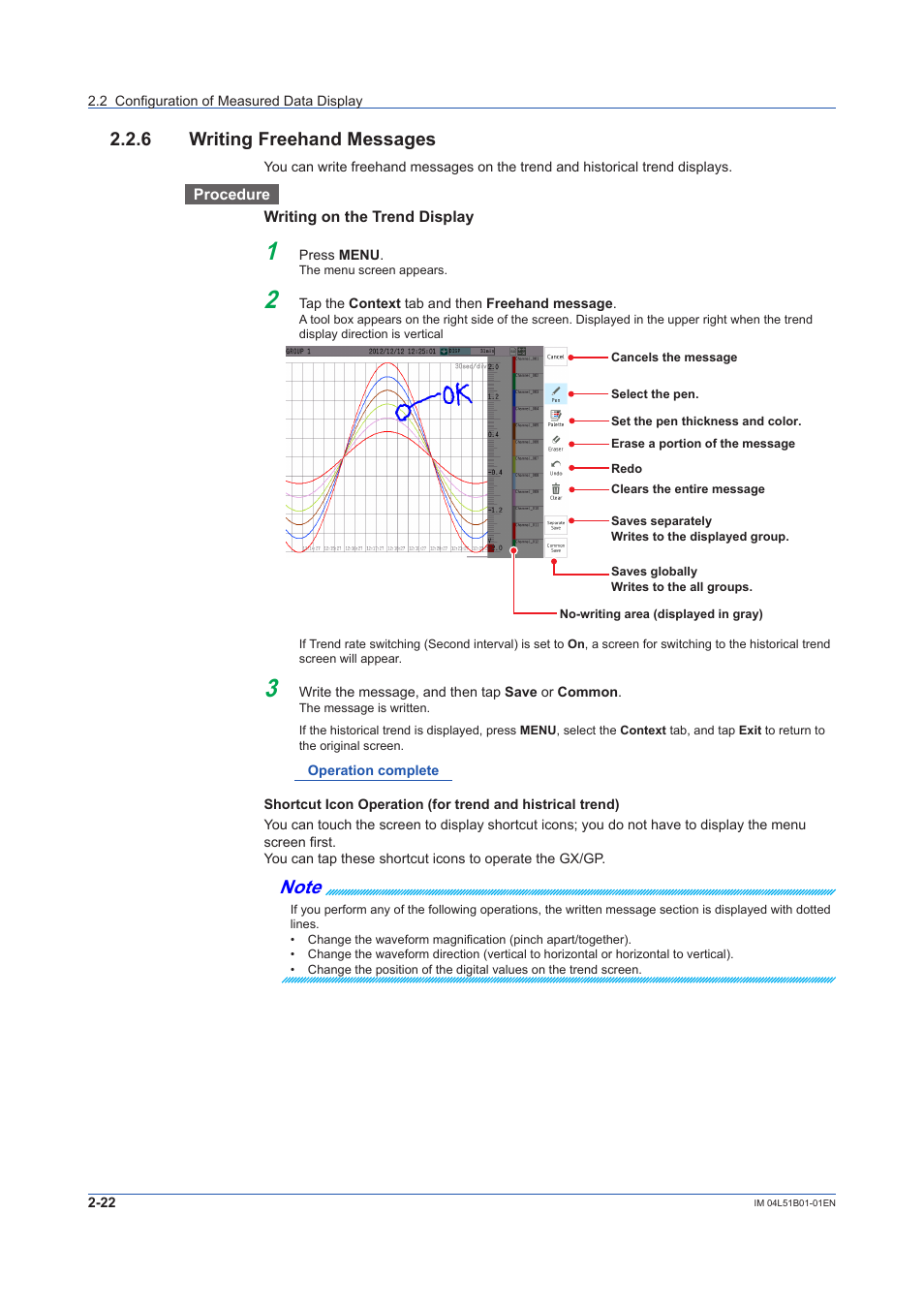 6 writing freehand messages, Writing freehand messages -22 | Yokogawa Touch Screen GP20 User Manual | Page 206 / 446