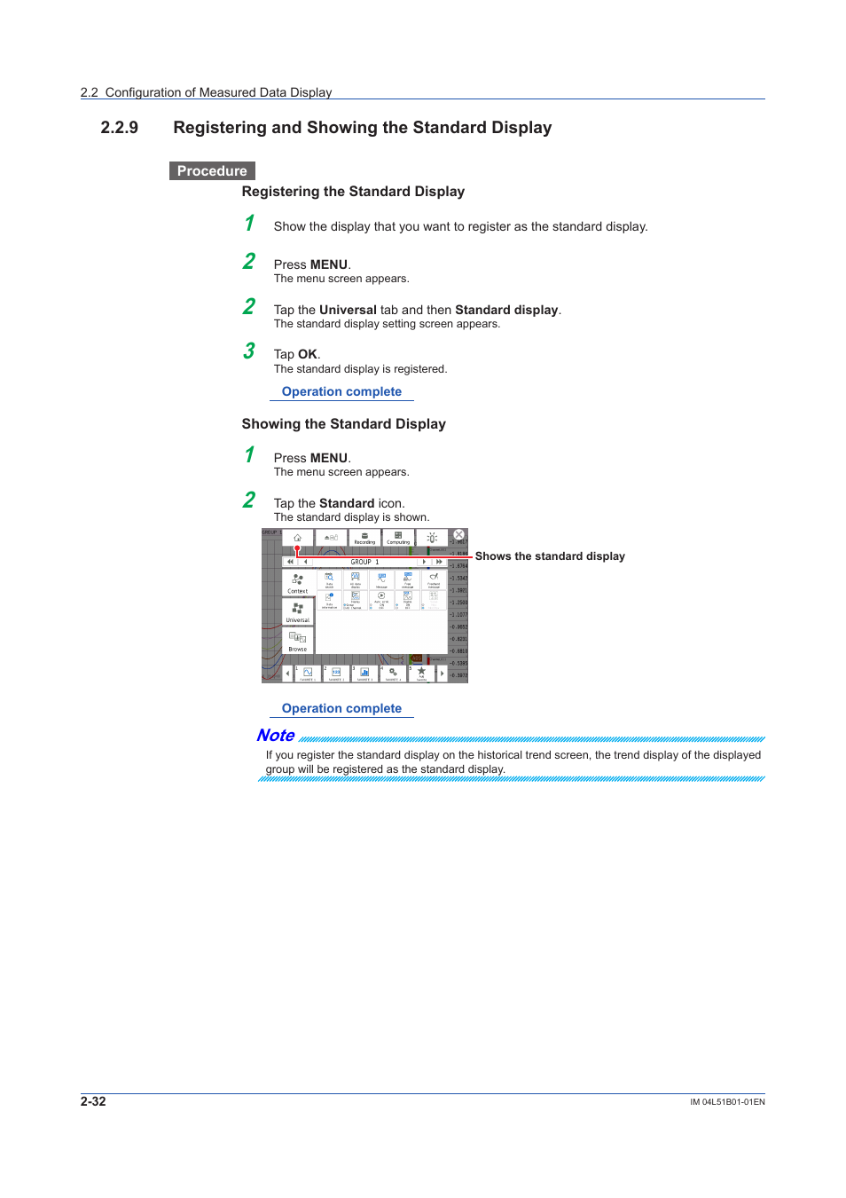 9 registering and showing the standard display, Registering and showing the standard display -32 | Yokogawa Touch Screen GP20 User Manual | Page 216 / 446