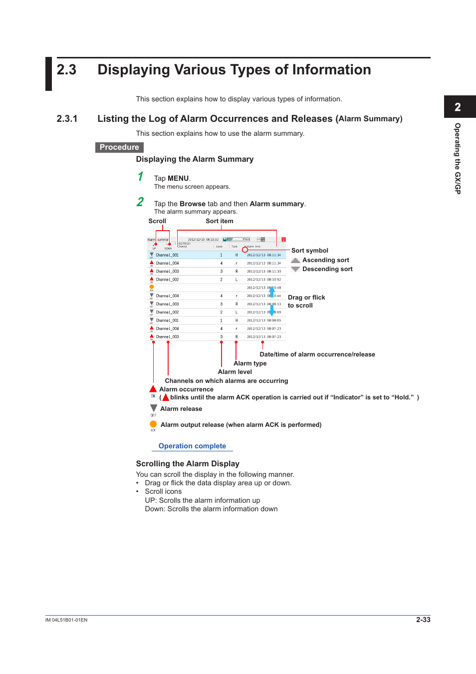 3 displaying various types of information, Displaying various types of information -33, Listing the log of alarm occurrences and releases | Alarm summary) -33, Occurrences and releases (alarm summary)”), Occurrences and releases (alarm summary) | Yokogawa Touch Screen GP20 User Manual | Page 217 / 446