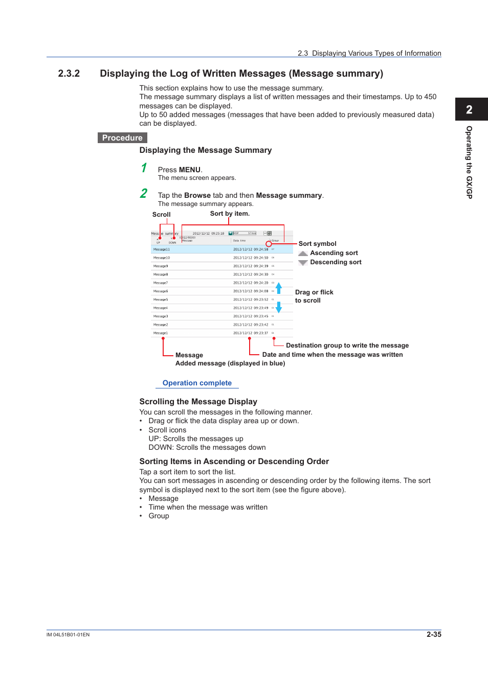 Messages (message summary)”), Written messages (message summary) | Yokogawa Touch Screen GP20 User Manual | Page 219 / 446