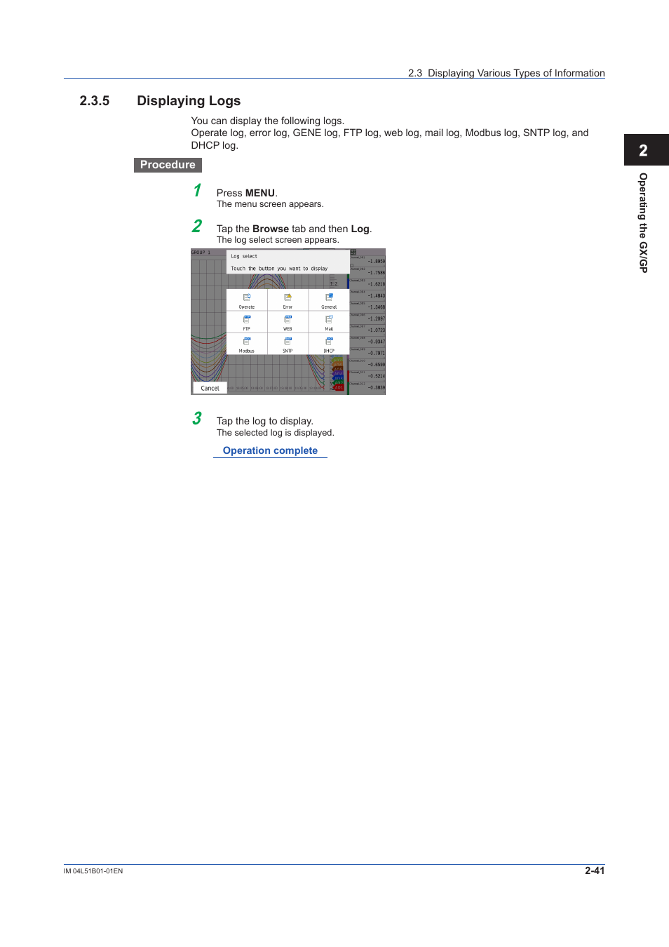 5 displaying logs, Displaying logs -41 | Yokogawa Touch Screen GP20 User Manual | Page 225 / 446