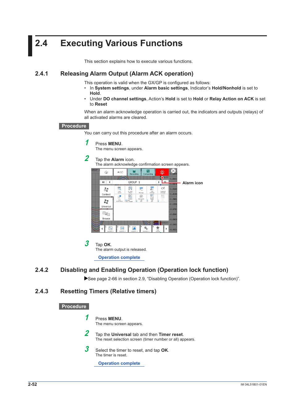 4 executing various functions, 1 releasing alarm output (alarm ack operation), 3 resetting timers (relative timers) | Executing various functions -52, Releasing alarm output (alarm ack operation) -52, Resetting timers (relative timers) -52 | Yokogawa Touch Screen GP20 User Manual | Page 236 / 446