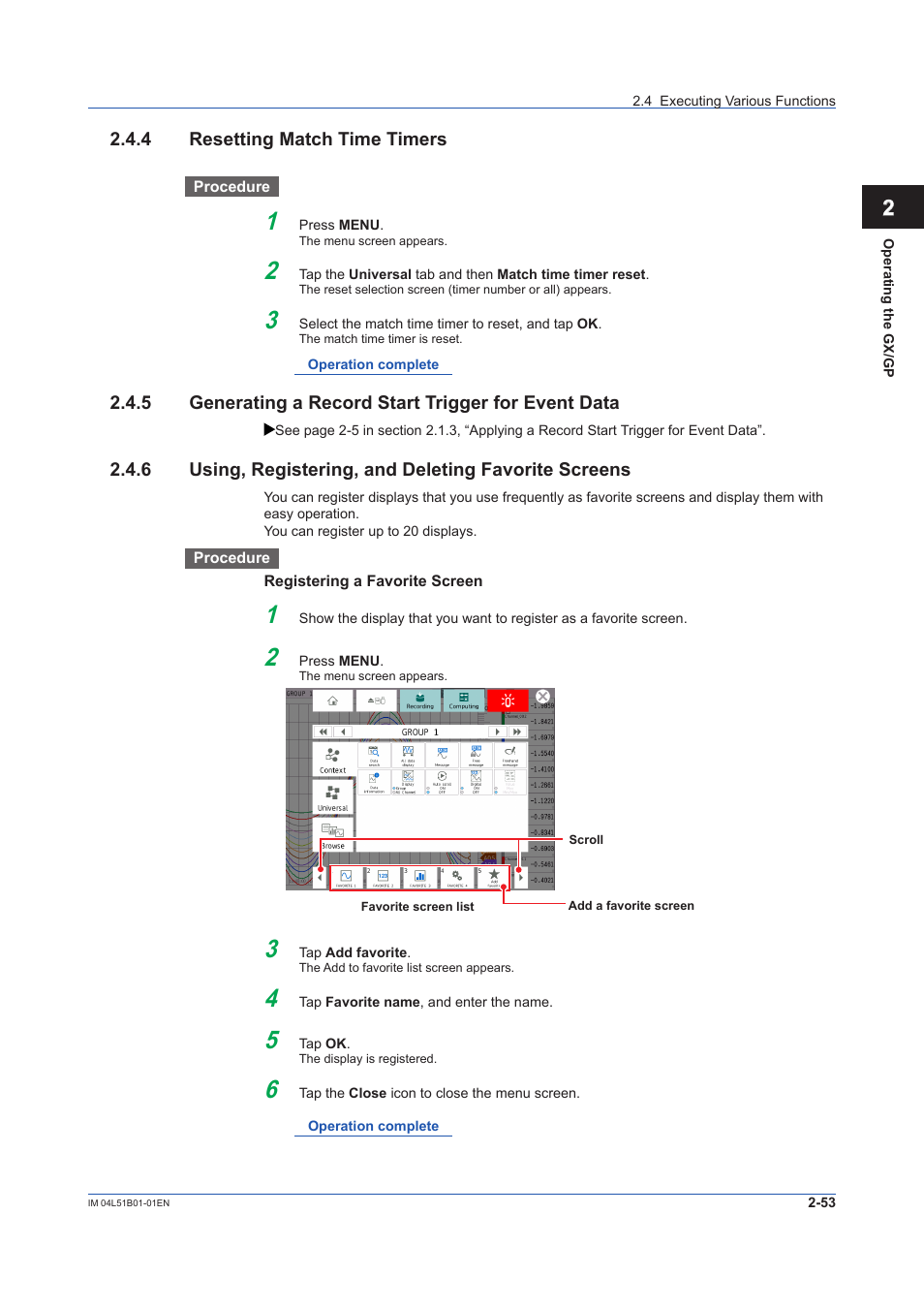 4 resetting match time timers, 5 generating a record start trigger for event data, Resetting match time timers -53 | Yokogawa Touch Screen GP20 User Manual | Page 237 / 446